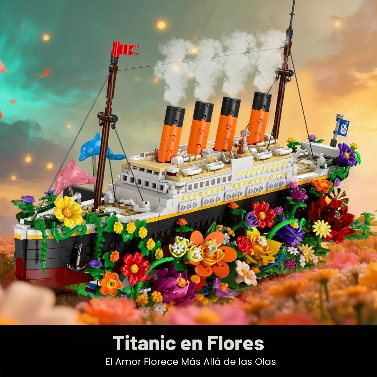 INSOON Blumen Titanic Juguete de construcción con luz, barco Titanic con flores, delfines botánicos, 1860 piezas modelo de barco, ladrillos de sujeción, regalo para adultos, niños, niños y niños