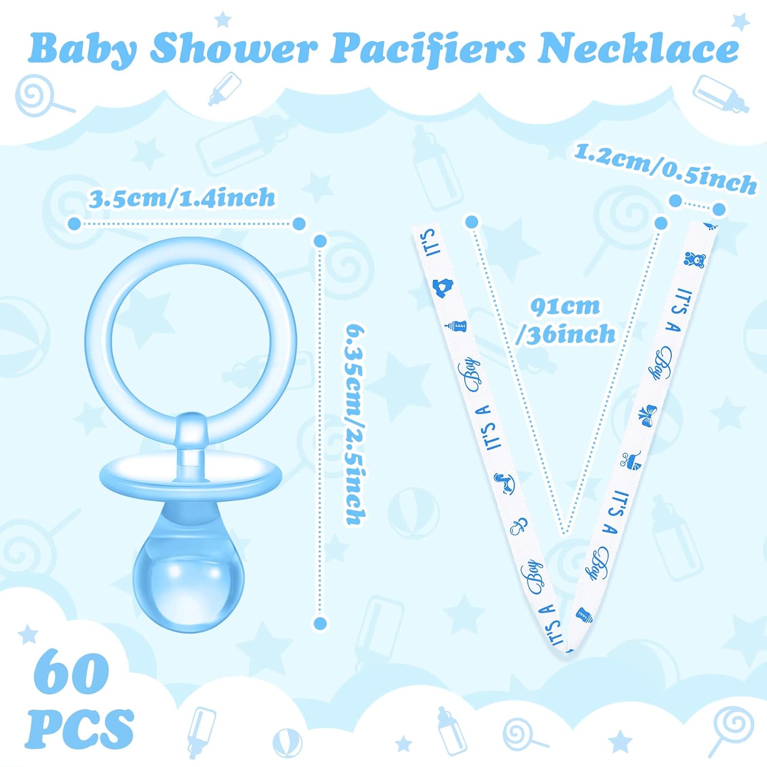 Junkin 60 Pieces Baby Shower Pacifiers Necklace Acrylic Pacifiers Necklace Charm for Girls Boys Baby Shower Party Favors Decorations, Boy Style(Blue, White)