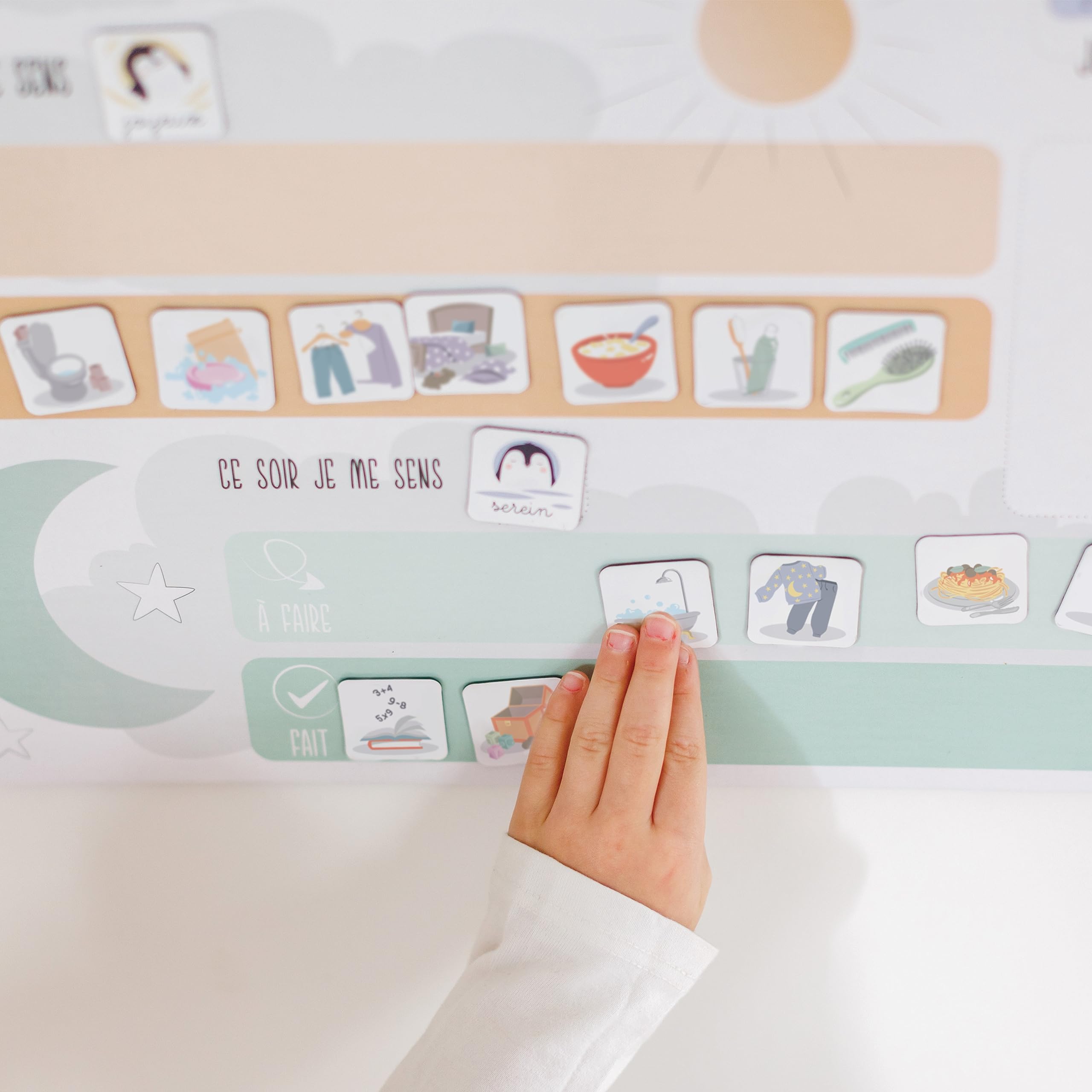 L’Atelier Gigogne – Tableau de Routine Enfant Montessori 3-8 Ans – Plateau Magnétique + 57 Magnets – Routine Matin & Soir – Autonomie, Émotions, Repères du Temps – Fabriqué en France