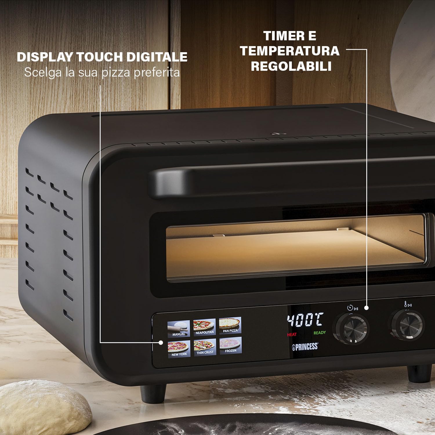 Princess Forno per Pizza Pro Max, 15L, 400°C, 2100W, Controllo Digitale, Pietra e Pala Incluse, Calore Superiore/Inferiore, Timer, Compatto e Portatile, Interno/Esterno, 112780