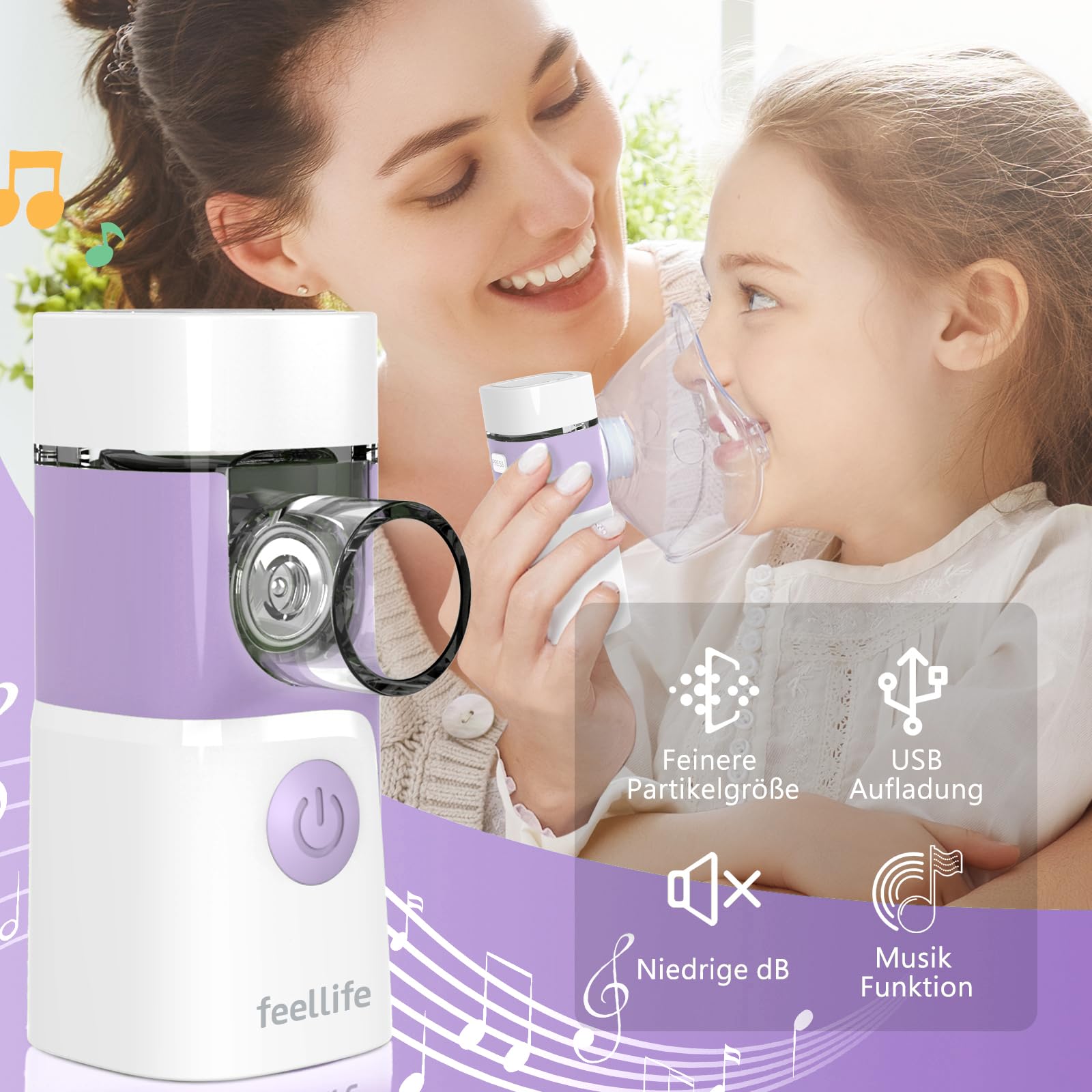 FEELLIFE Nebulizador Portatil para Bebe y Adultos Maquina de Aerosoles Inhalador para El Tratamiento De Tos, Asma, Enfermedades Respiratorias