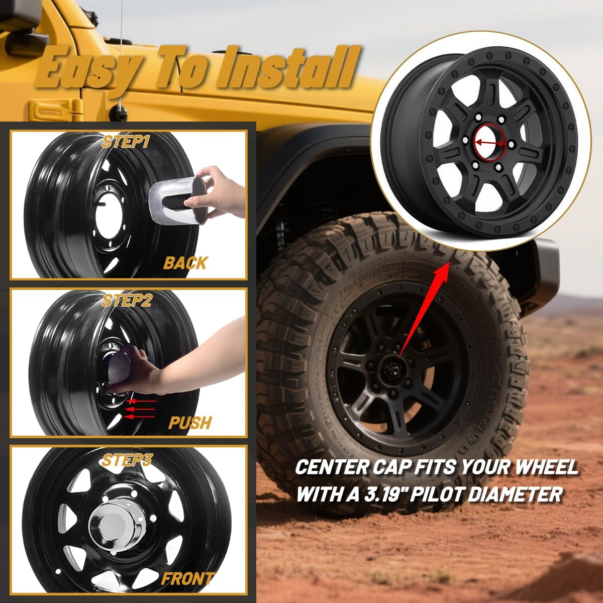 4Pcs 3.19 in Stainless Steel Wheel Center Caps Chrome Push Through Design - Fit 3.19" Center Bore for Truck, Trailer, SUV, RV Wheels Rims 3.62" Height Center Hub Caps