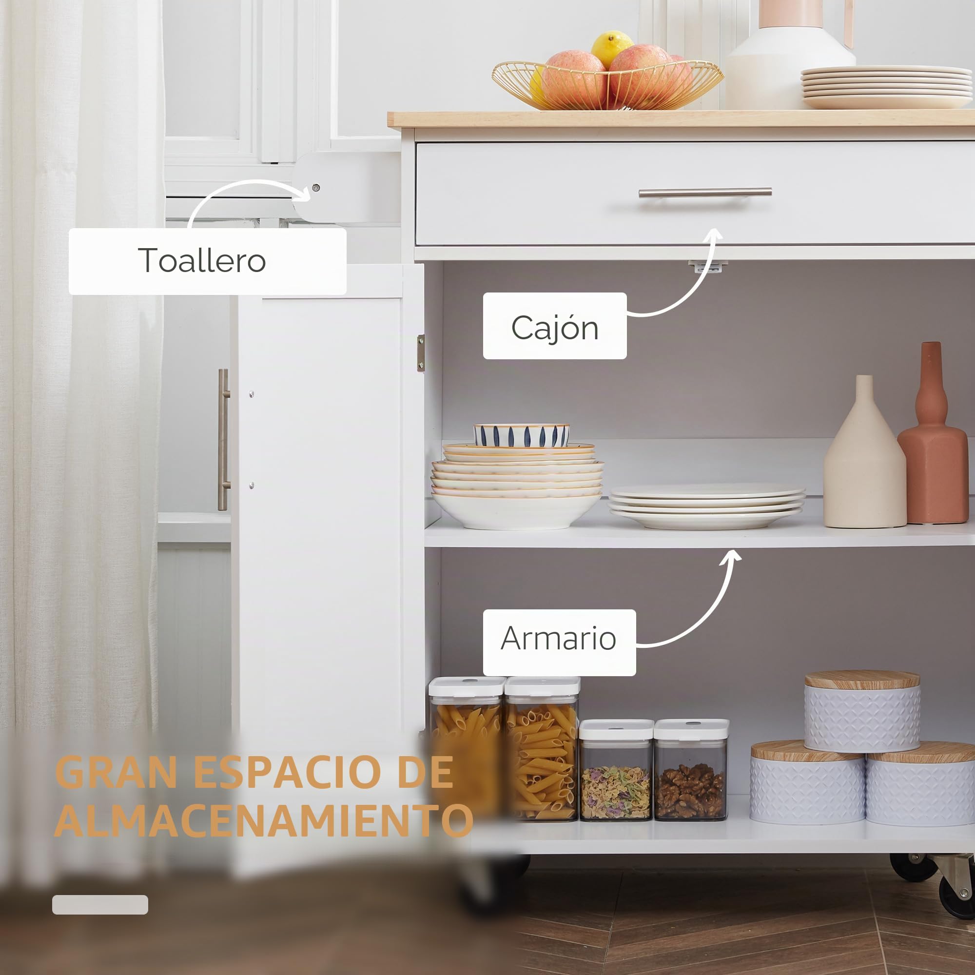 HOMCOM - Postre de cocina con ruedas, 83 x 45 x 91,5 cm, color blanco | Carro de Servicio, Isla de Cocina, Cajón de Armario Portapaños