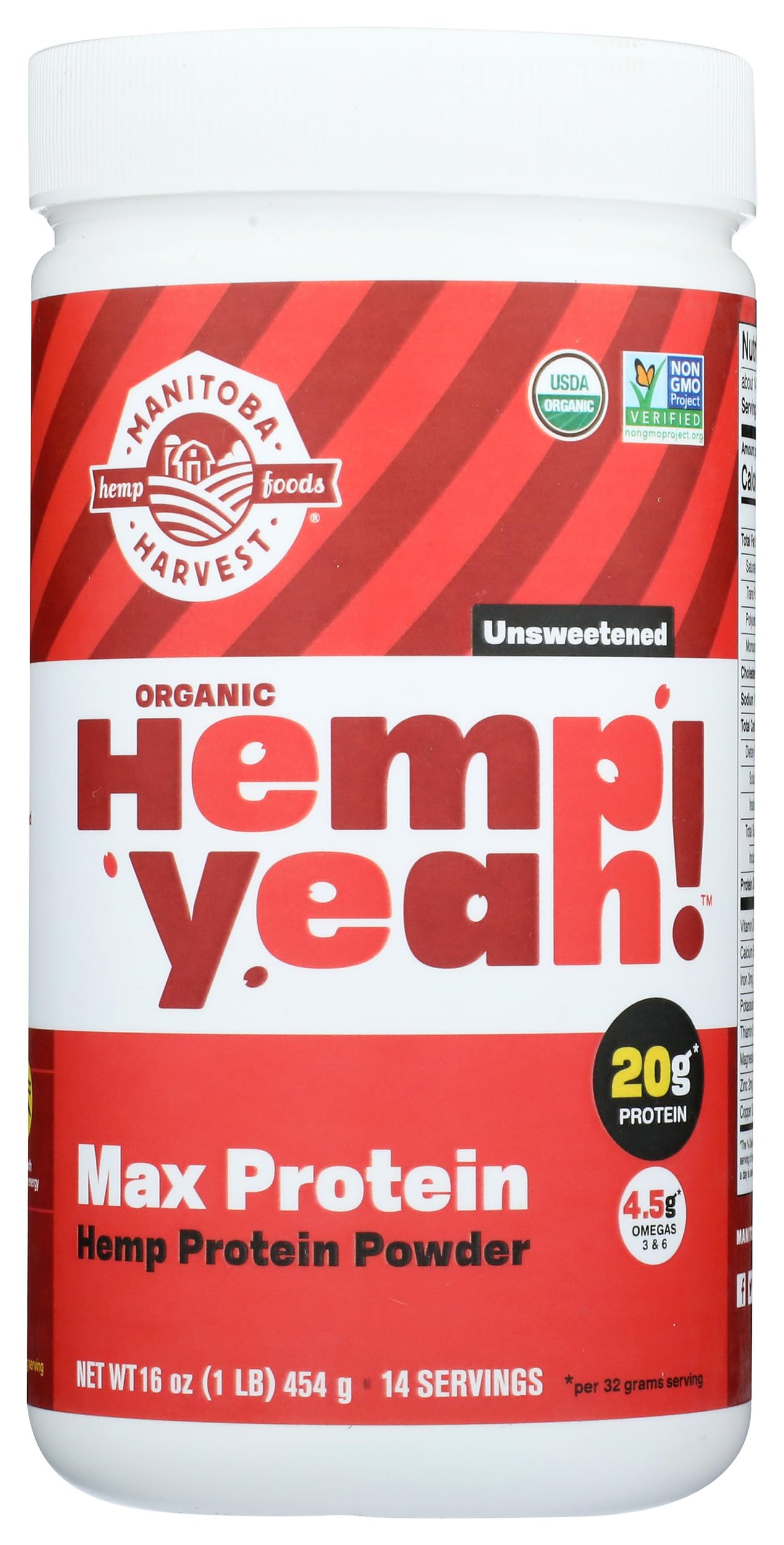 Manitoba Harvest Hemp Yeah Organic Max Protein Powder, Unsweetened, 16oz, with 20g Protein and 4.5g Omegas 3&6 per Serving, Keto-Friendly, Preservative Free, Non-GMO, Packaging May Vary