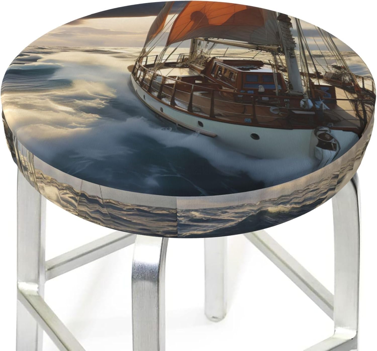 Bar Stool Cover Round Elastic Stool Cushion Covers Ocean Sailboat Bar Chair Cover Washable Stool Cushion Slipcover Stretch Stool Seat Covers for 12-14 Inch Chair