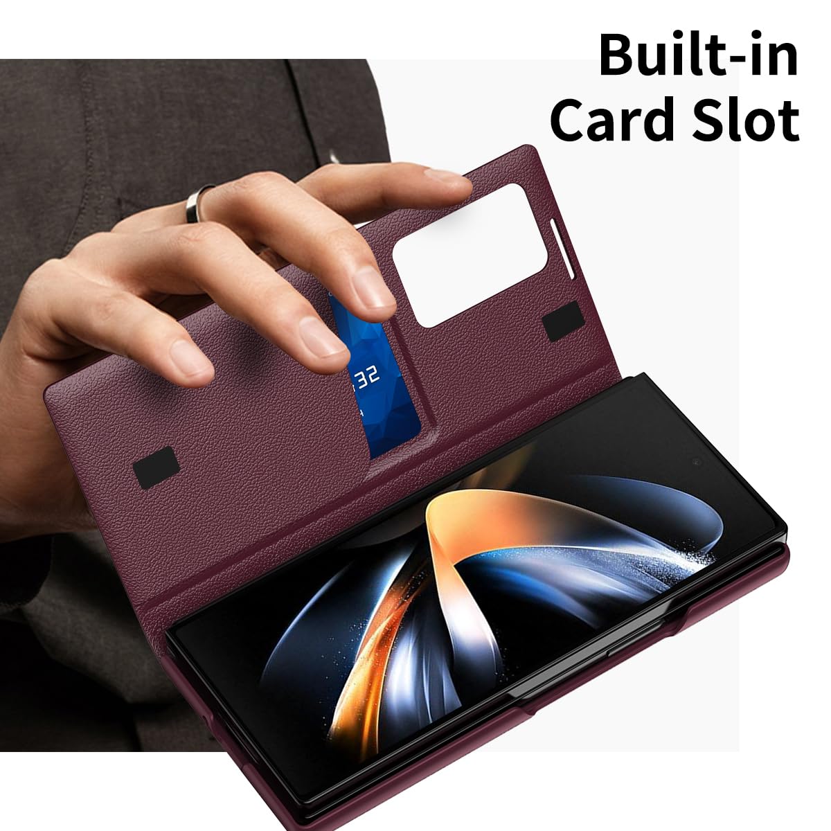 COQUE Etui do Galaxy Z Fold 3, inteligentny telefon z okienkiem i 1 miejscem na kartę, wykwintne skórzane etui ochronne, do Samsung Galaxy Z Fold 3 5G-czerwone