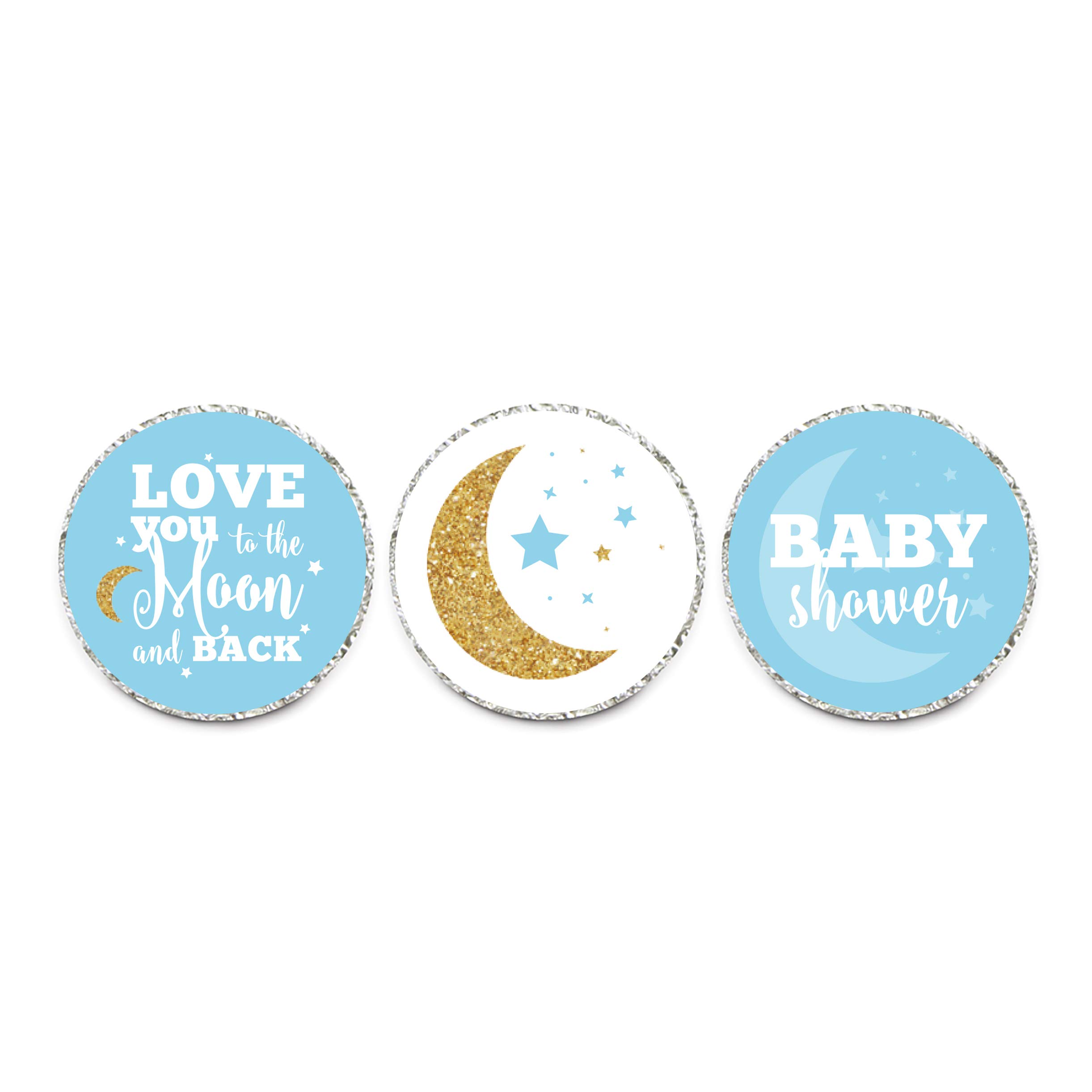 Andaz Press Chocolate Drop Labels Trio, Boy Baby Shower, Love You to The Moon and Back, Baby Blue, 216-Pack, Fits Kisses Party Favors, Twins, Decor,