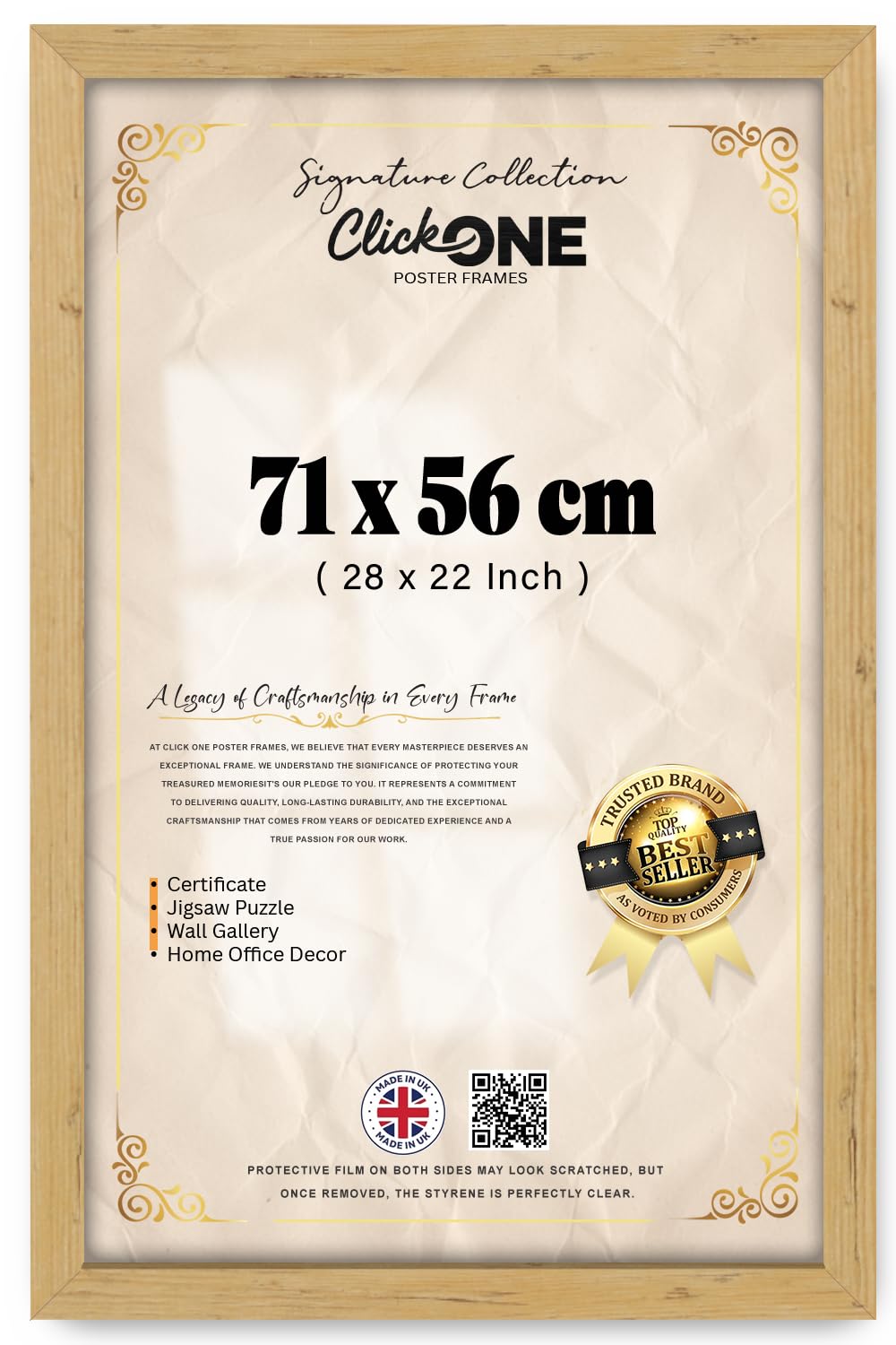Click One Elegant Rectangle Poster Frame With Crystal Clear Perspex Front For Home And Art Gallery Display Vertical And Horizontal 71 X 56 CM 28 X 22 Inch Pine Wood Slim Profile Easy Mount