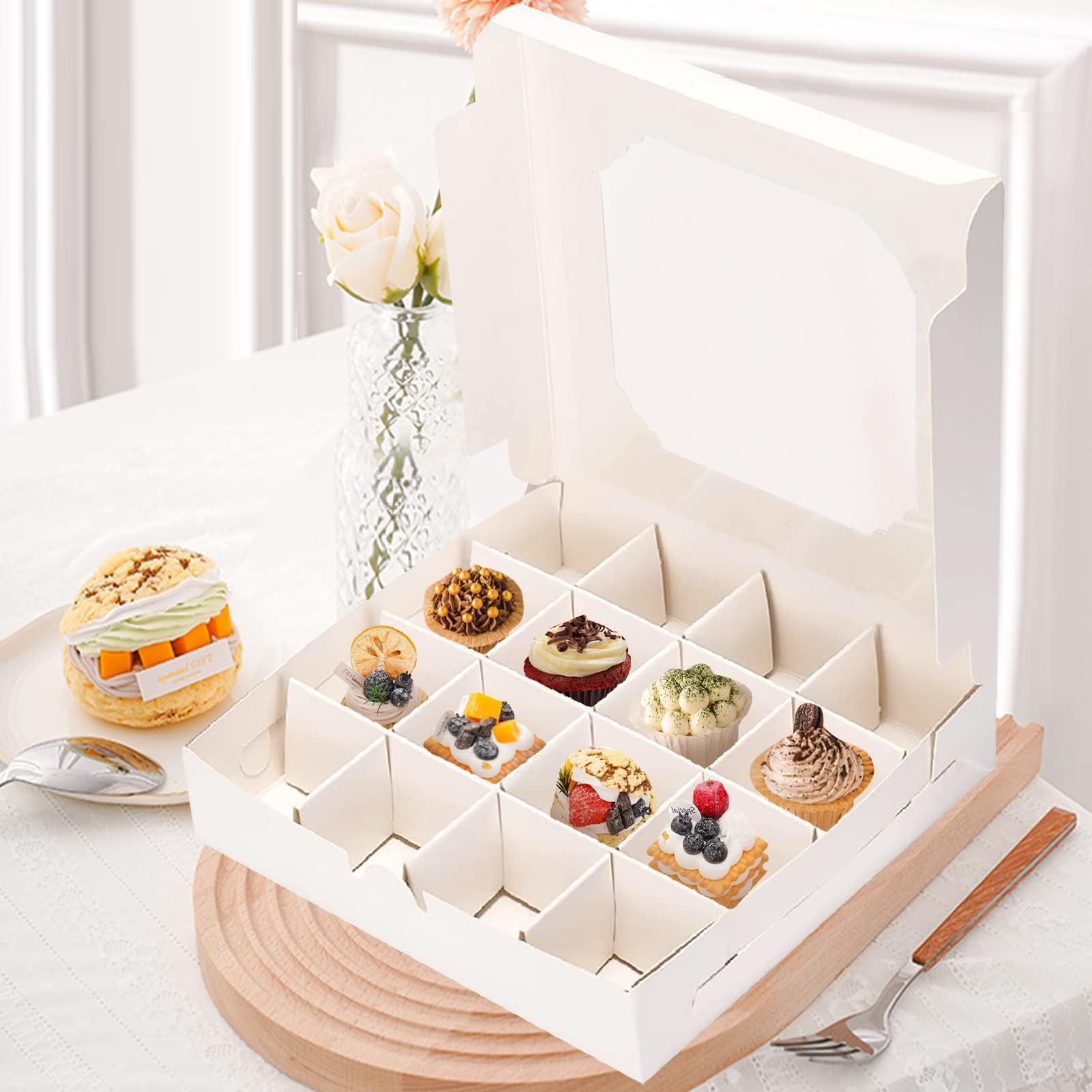CROWNSHOP 20PCS Cardboard Cupcake Box Dessert Divider Box with Transparent Window Holds 16 Individual Mini Cake Display Boxes for Candy Chocolate Truffle or Marzipan Fruit (20)