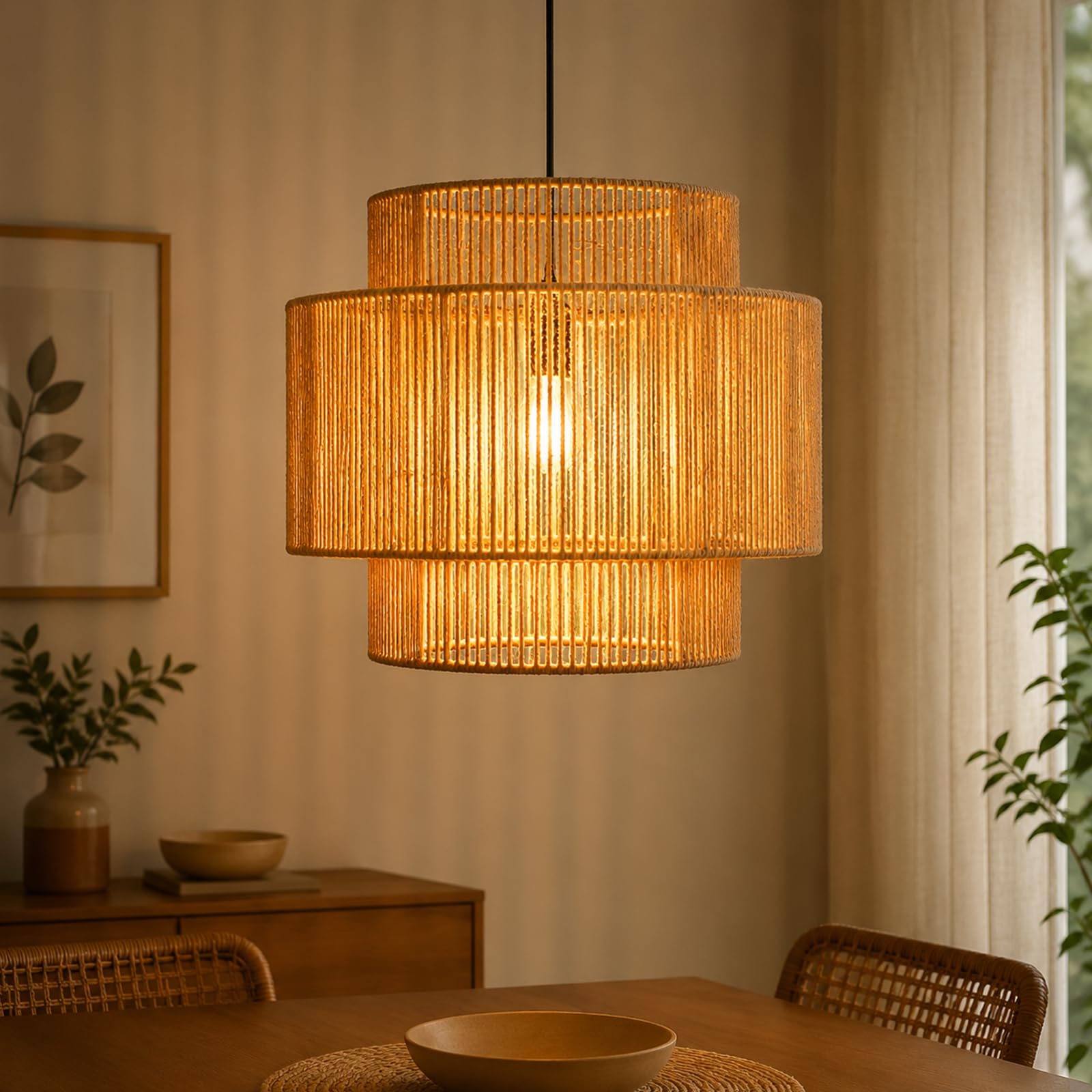 NUODIFAN Boho Lampenschirm, Handgewebte Papierschnur Hängelampe, Dreistufige Boho Lampe für Esszimmer & Wohnzimmer, Rustikale Natur Pendelleuchte Deckenlampe ohne Leuchtmittel 40cm