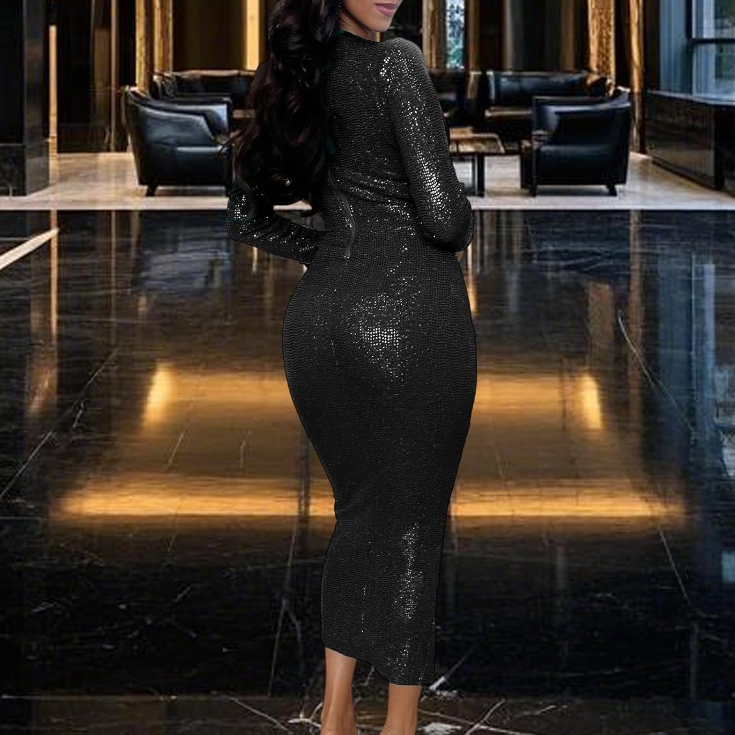 Women's Elegant Bodycon Long Dresses Deep V Neck Long Sleeves Club Night Party Midi Dress - Image 5