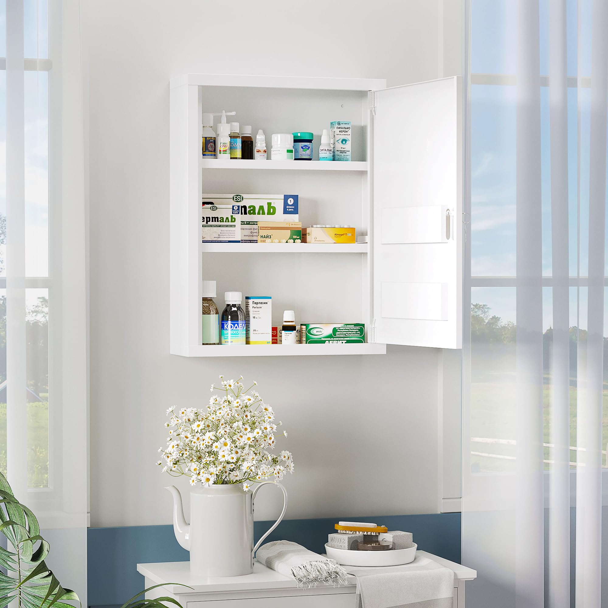 kleankin Medizinschrank aus kaltgewalztem Stahl Arzneischrank zur Medikamenten-Aufbewahrung, Abschließbar Erste Hilfe Schrank mit 3 Fächer, 40 x 15 x 53,5 cm, Weiß