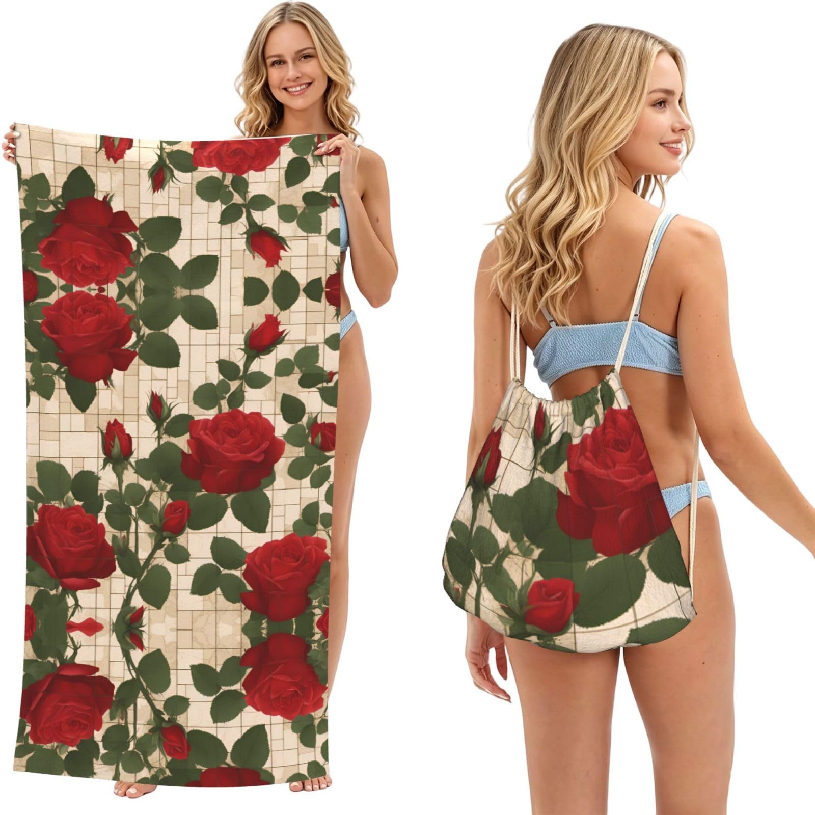 SXZVVBN Many red roses 2-in-1 Beach Towel Bag, Quick Dry Sand Free Travel Towel Backpack for Adults