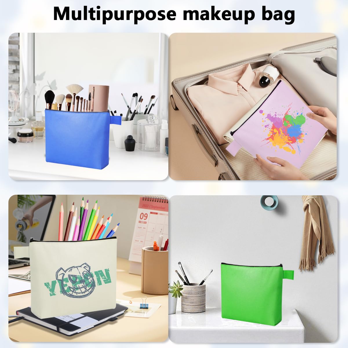 Bolsas de maquillaje de lona, bolsas de cosméticos a granel con cremallera, bolsa de aseo de viaje, Varios colores, 9.8 x 5 x 2 Inch