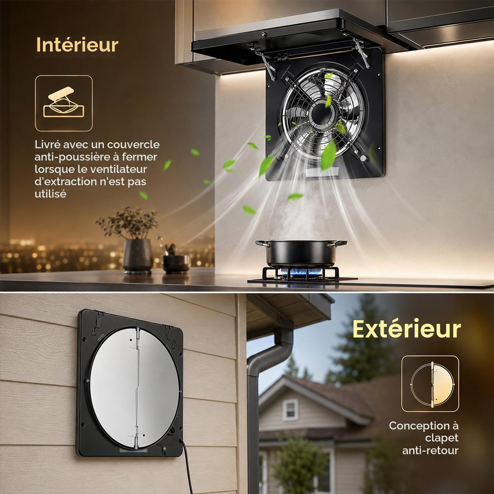 Ventilateur extracteur 250 mm, clapet de retour, régulateur de vitesse, système de collecte automatique d'huile, ventilateur mural silencieux pour salle de bain, cuisine, garage, cave, noir
