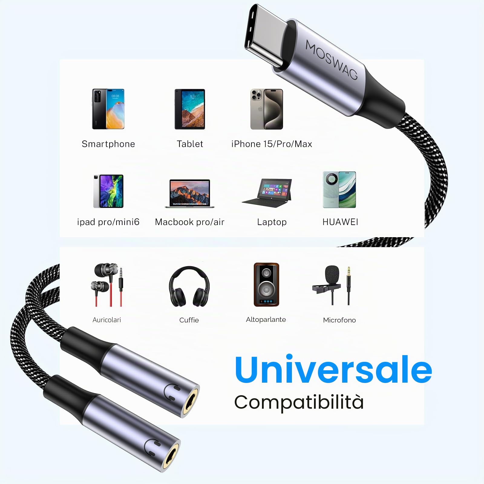 MOSWAG Adattatore USB C Jack Splitter, Adattatore Splitter Jack USB C a Doppio Ingresso da 3,5 mm compatibile con Galaxy S24 S23 S22 S21 iPhone 16 Pro Max/16 Pro/16 Plus, Pixel 7 6 Pro 5