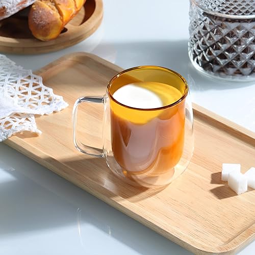 Miniatura 5 de Joeyan Juego de 2 tazas de café de vidrio de doble pared ámbar, vasos de café aislados, tazas de café expreso, taza de té, taza de café con asa,
