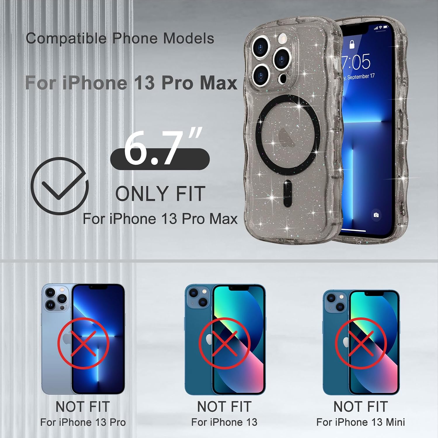  Magnetic for iPhone 13 Pro Max Case Clear Glitter, Black thumbnail