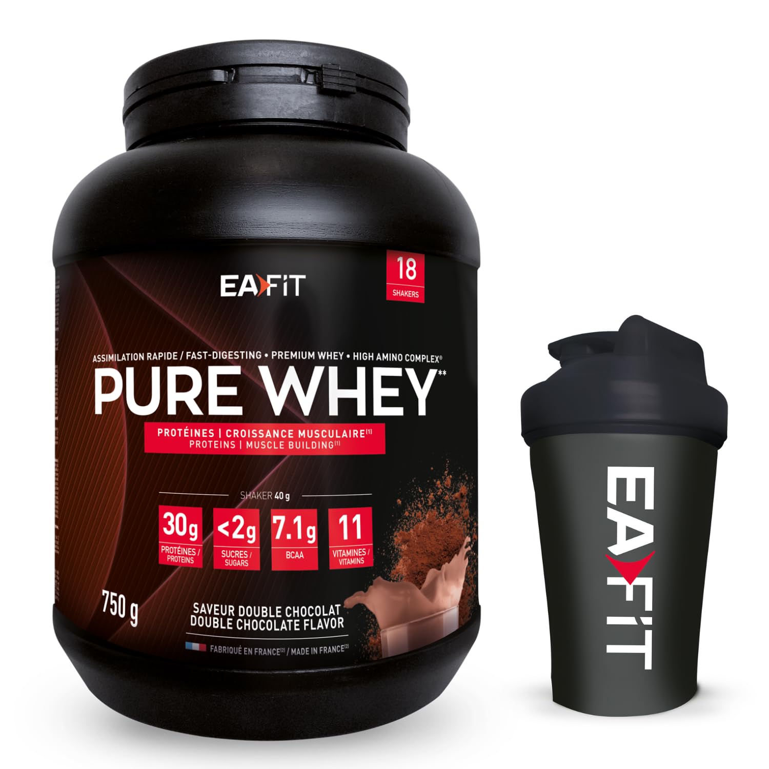 LOT Whey PROTEIN Chocolat 750g + SHAKER Proteine - EAFIT Marque Française N°1 Nutrition Sportive