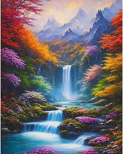 Pintura de paisaje por números para adultos, pintura de cascada por números para adultos principiantes, pintura acrílica colorida por número,