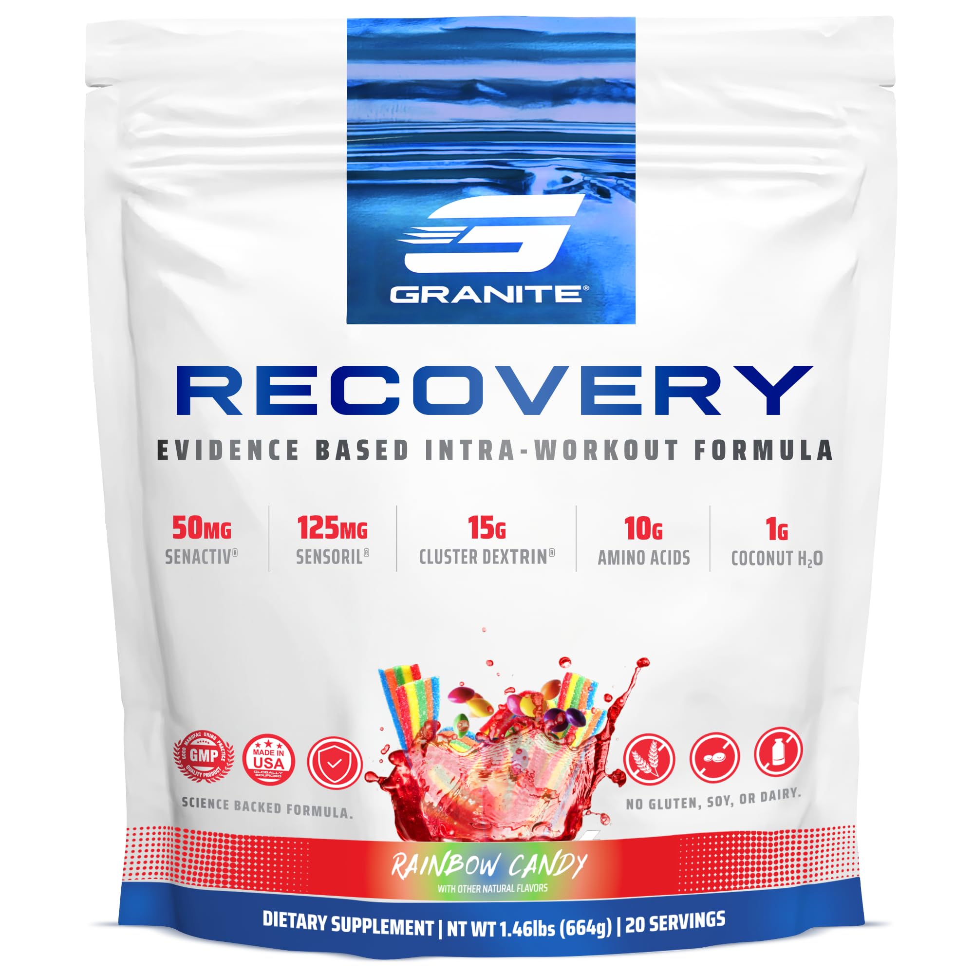 (inv) Granite Nutrition Recovery - Premium Intra-Workout Drink with EAAs, Cluster Dextrin, Sensoril & Senactiv for Athletic Performance and Lean Muscle Gains - Rainbow Candy Flavor (20 Servings)
