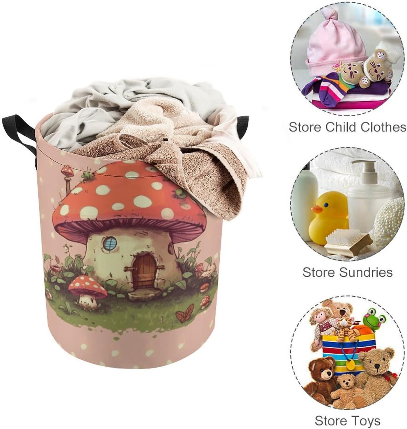 Cute Mushroom House Laundry Basket Collapsible Clothes Hamper with Reinforced Handles Large Capacity Waterproof Laundry Bag Freestanding Laundry Hamper for Bedroom Bathroom