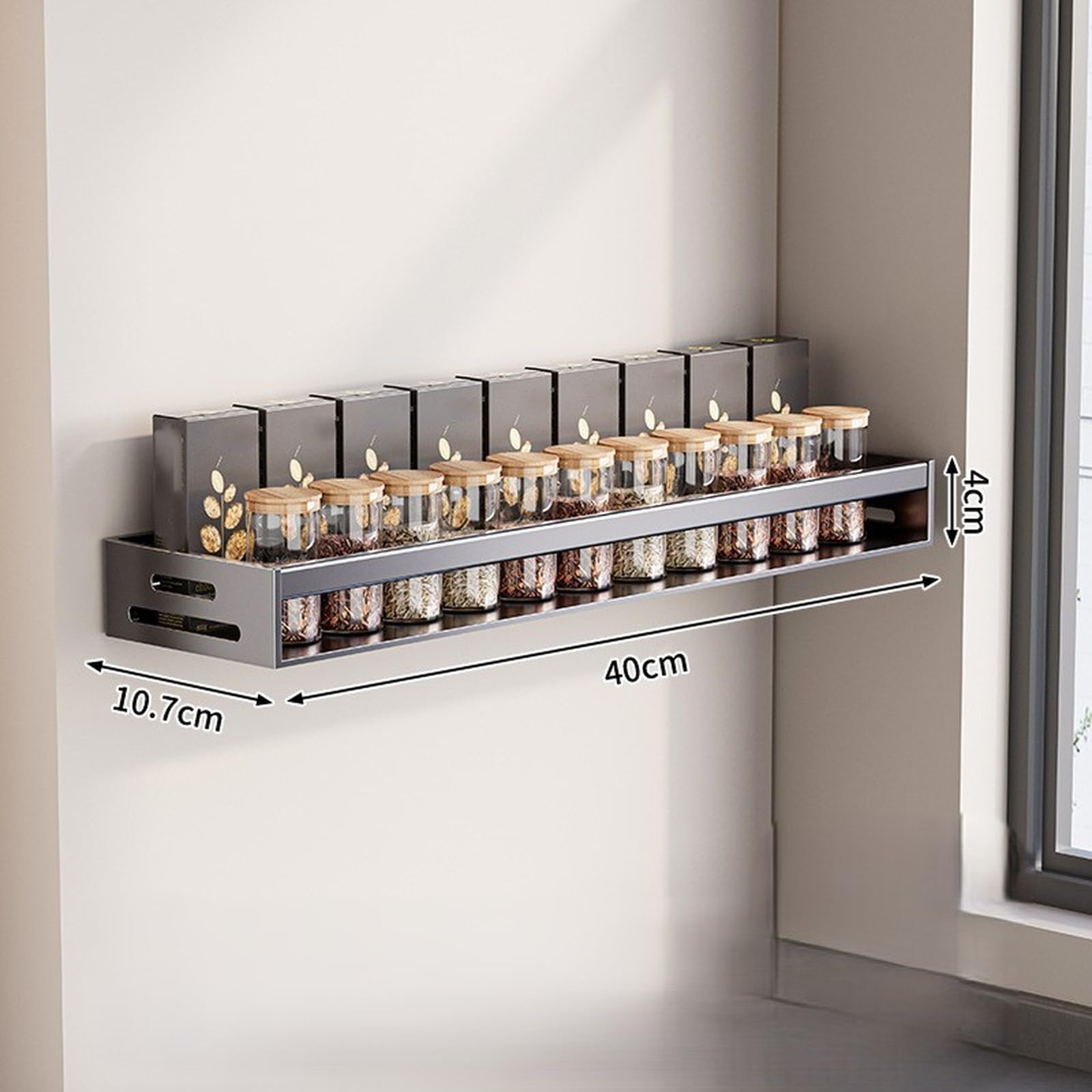 Organizador de especias de pared sin necesidad de taladrar, de acero al carbono, estante de almacenamiento de cocina multicapa para frascos de condimentos, soporte para recipientes con cucharas