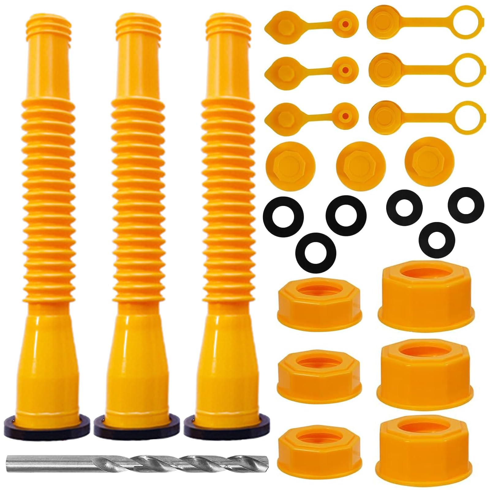Arshany 19Pcs Gas Can Spout Replacement set, Gas Can Nozzle Replacement 1/2/5/10 Gallon, 3 Bendable tubes, 3 Fine Thread, 3 Screw Collar Coarse Thread, 3 threaded caps, 6 Vent Caps, 1 drill Lid