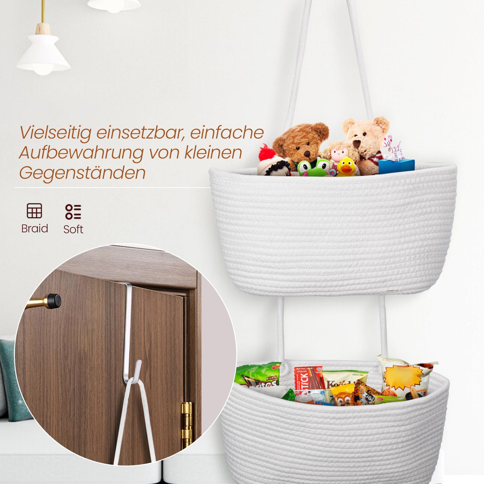 Hängender Organizer, Hängeorganizer Mit Haken, Wand Hängen Tasche Zum3-Tier, Hängeregal Stoff Wand aus Baumwollseil Gewebt, Für Wohnzimmer, Schlafzimmer, Bad, Kinderzimmer (Weiß)