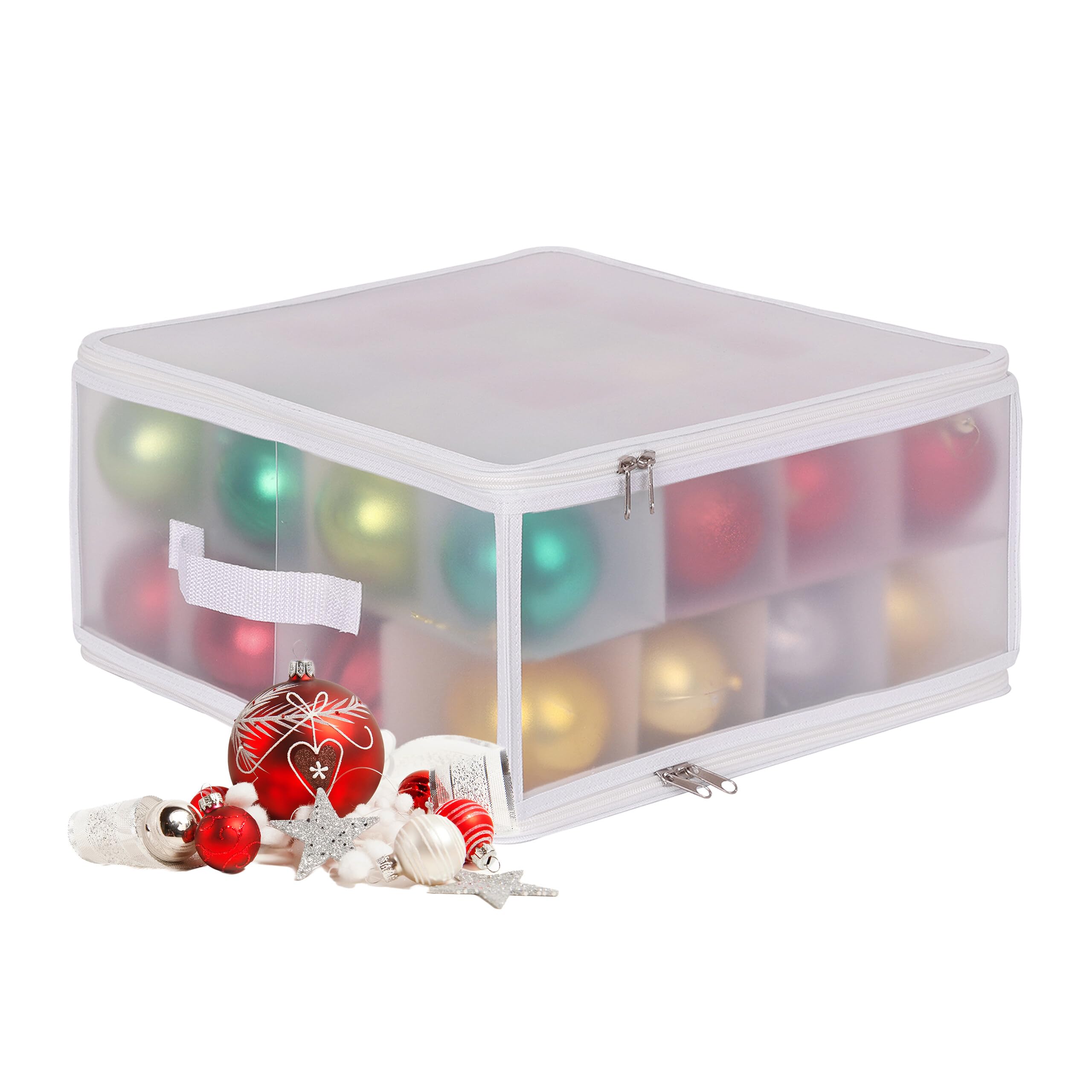 Relaxdays Christmas bauble storage box, 32 baubles, HxWxD: 18x36x36 cm, plastic, cardboard, semi-transparent/white