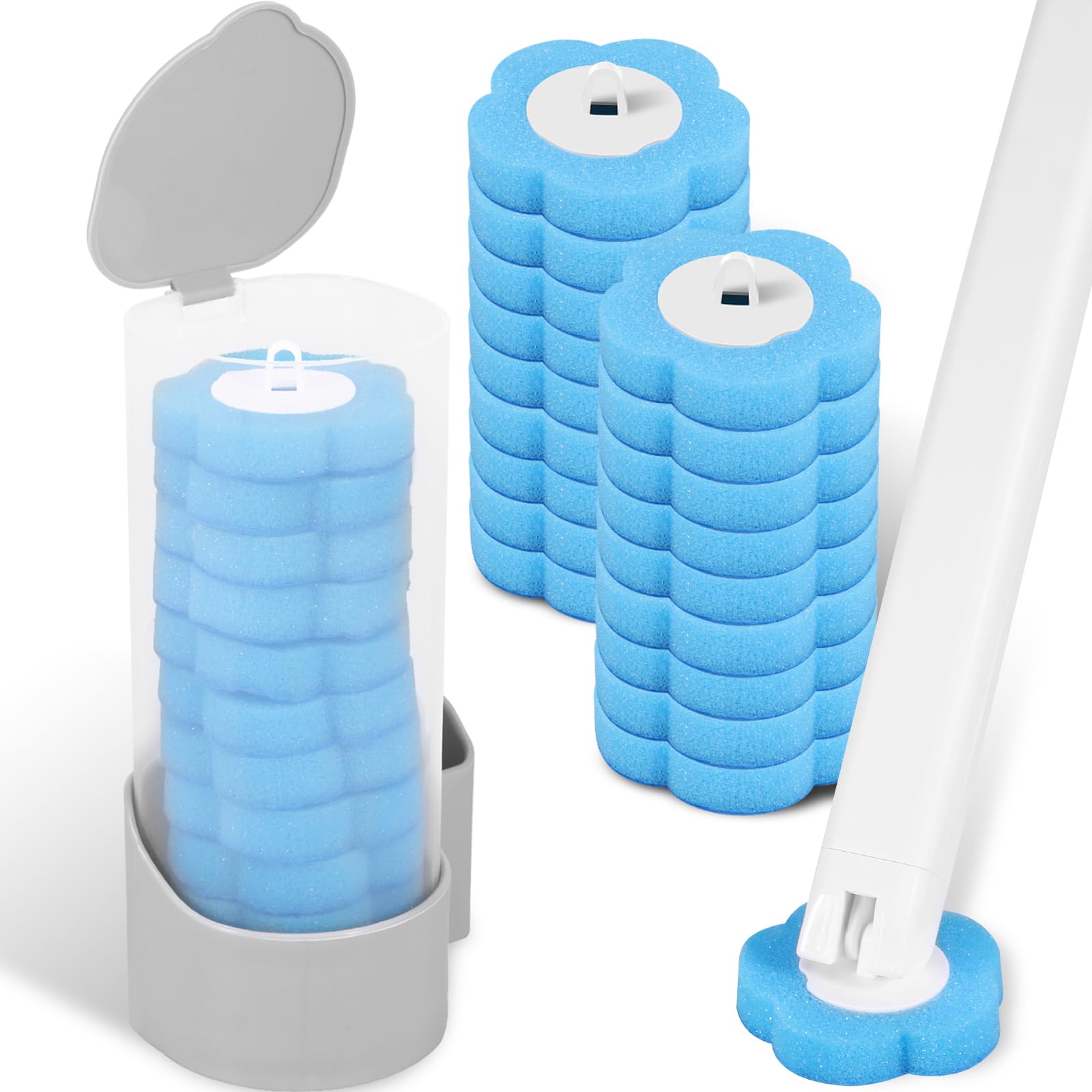 Toilet Brush and Holder Set with 18 Toilet Brush Refills Wall Mounted Toilets Bowl Cleaner Brushs with Handle and Holder Adhesive Toilets Bowl Brushs Storage Caddy for Bathtub Sink