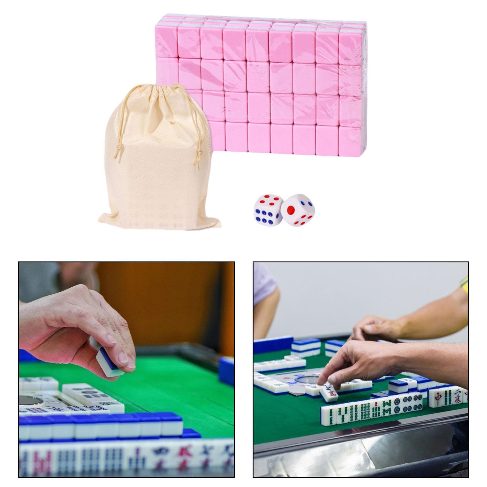 MagiDeal Mahjong Chino Mini Juego de Mesa Portátil 144 Fichas Set Clásico con Bolsa Y Dados Mejora Estrategia Y Concentración Adecuado para Aprendizaje, 24mm Rosa