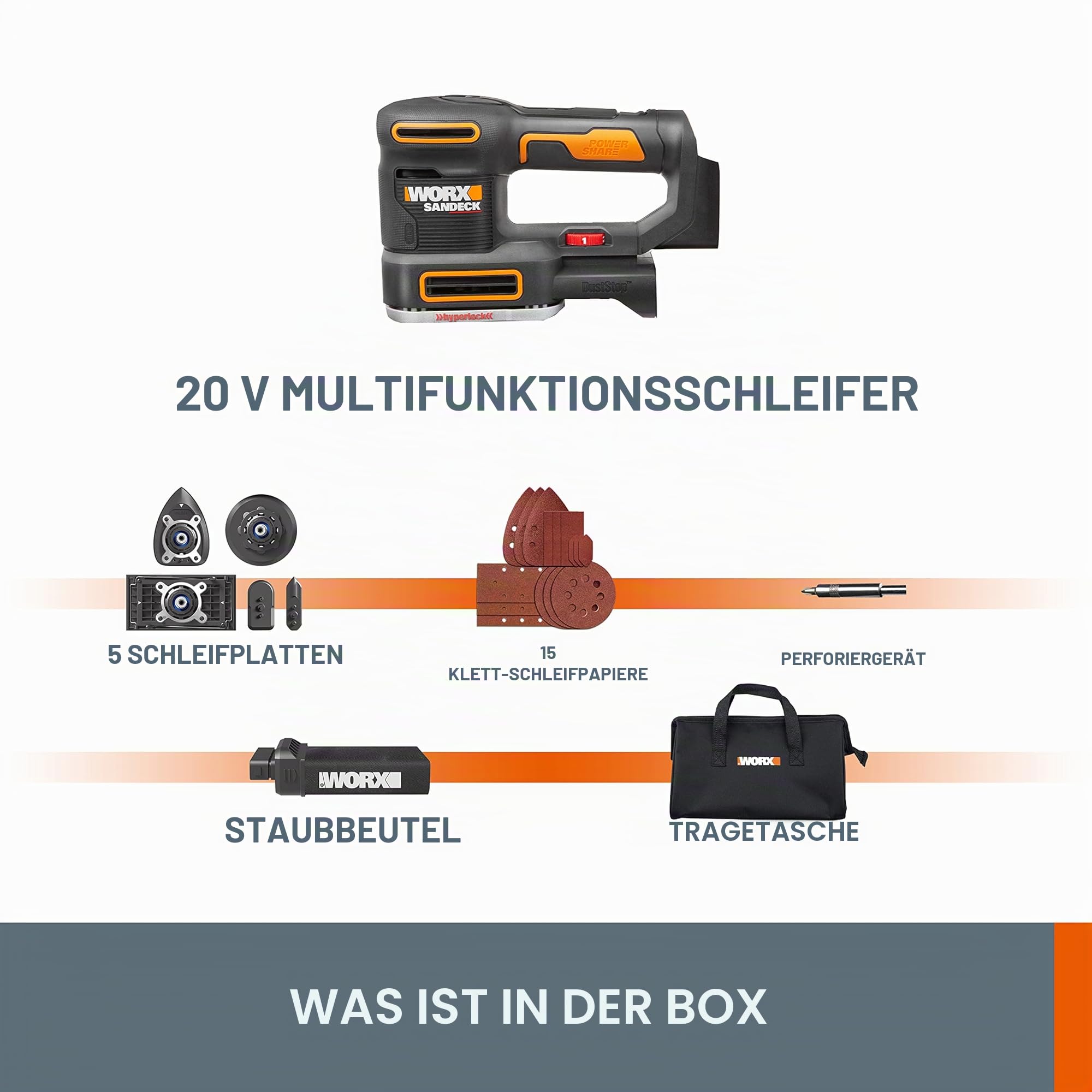 WORX WX820.9 Akku-Multischleifer – 5-in-1 Funktionen: Exzenter-, Fein-, Detail-, Konturen-, und Fingerschleifer – variable Geschwindigkeit – PowerShare kompatibel – Ohne Akku & Ladegerät, Schwarz