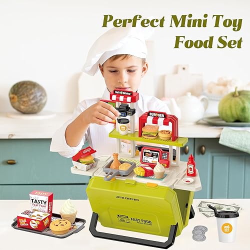 Miniatura 7 de Juguetes divertidos para niños, juego portátil de comida rápida para niños de 3 a 8 años, juguete realista de cocina al aire libre con 55 piezas,