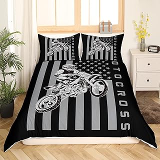 Erosebridal American Flag Bedding Set Full Motocross Rider Comforter Cover for Kids Boys Teens Men Extreme Sports Dirt Bike Duvet Cover Black Grey USA Flag Bedspread Cover with Zipper 2 Pillow Cases