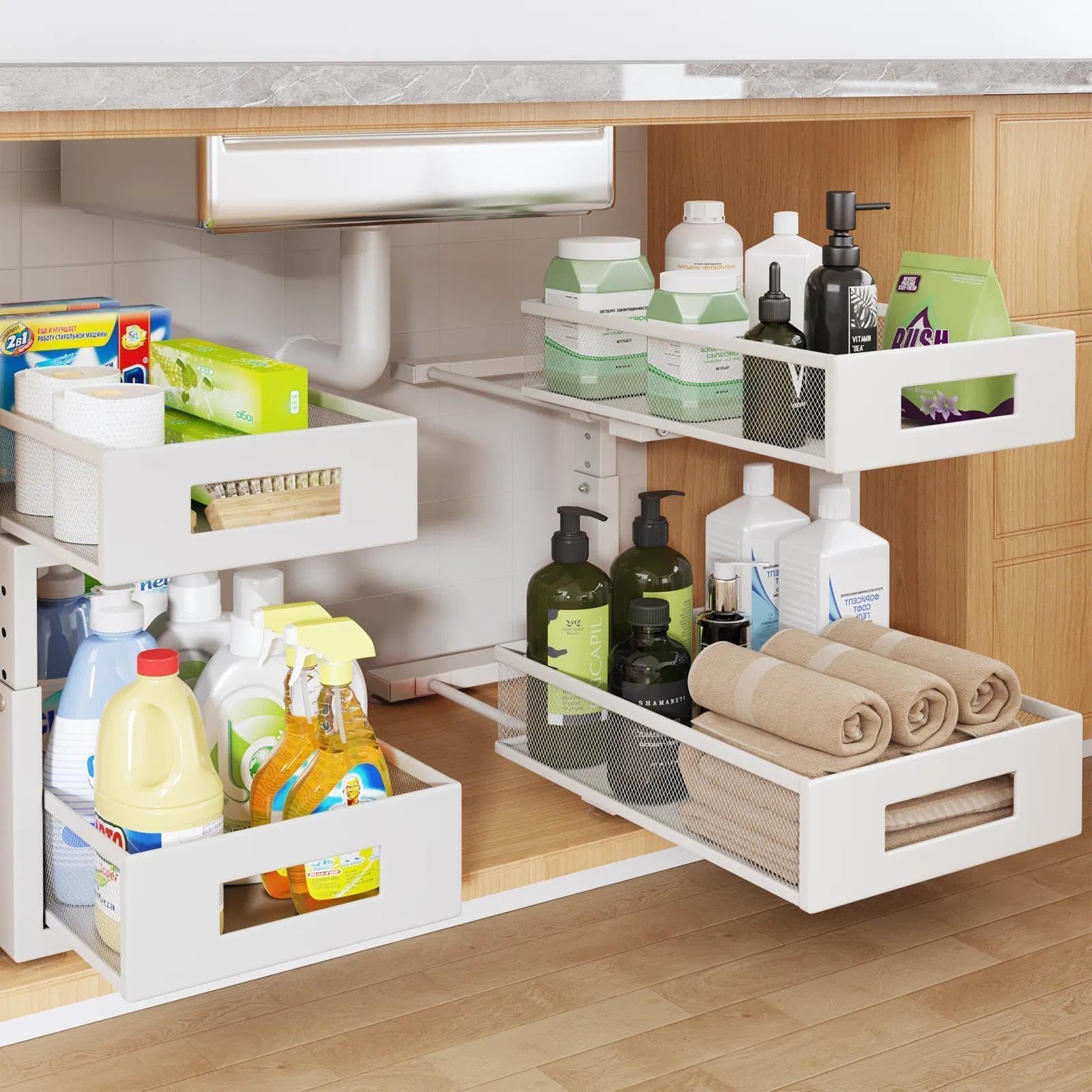 Under Sink Organizer, 2-Tier Dual Pull Out Cabinet Organizer Drawers With Smooth Circular Rail, Large Capacity Metal Mesh Sliding Shelves For Bathroom&amp; Kitchen Storage,Height Adjustable–White,2 Packs