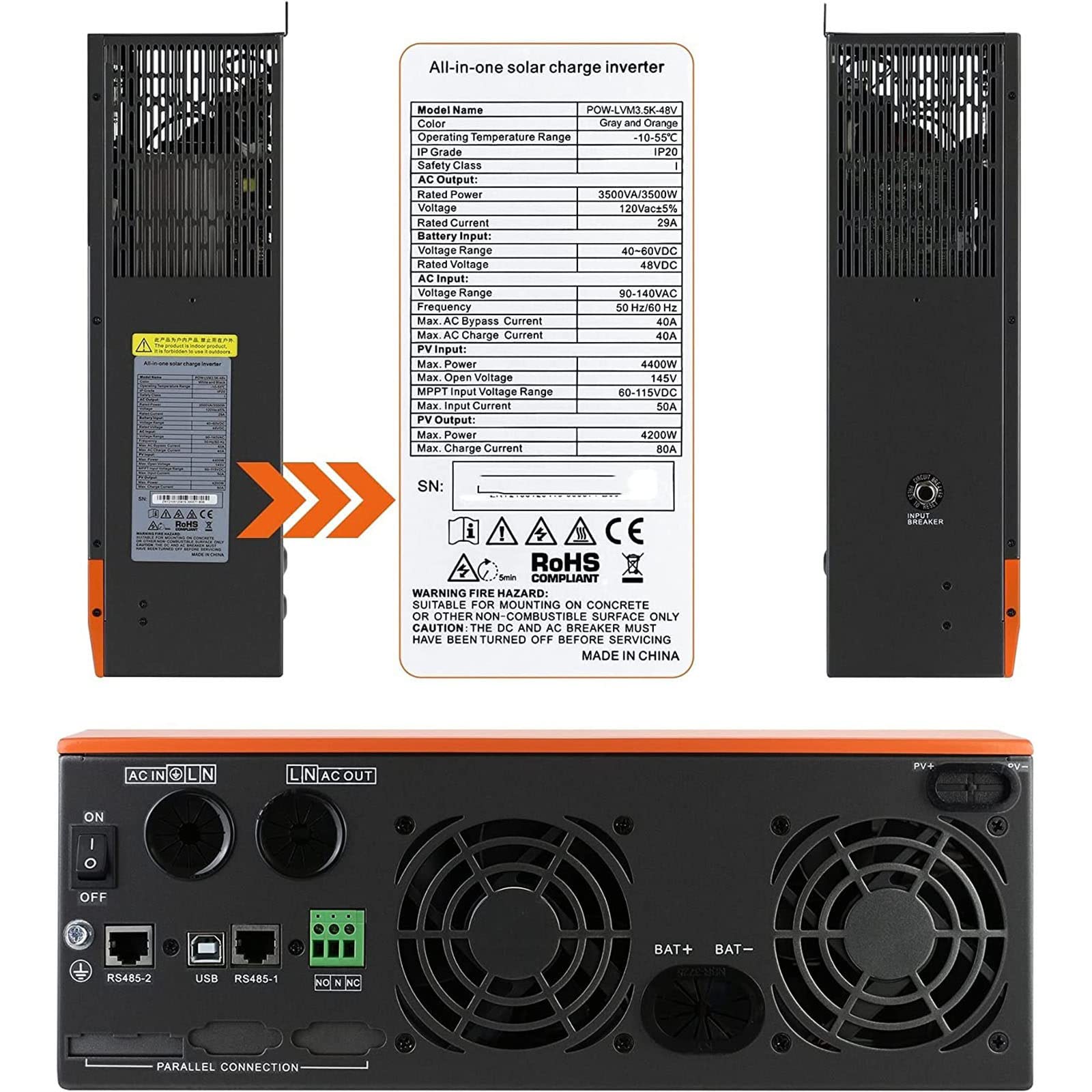 5500W Inverter Solare Ibrido 230VAC Inverter a Onda Sinusoidale Pura Inverter Pura off-Grid con Caricatore Solare MPPT da 80A+Caricatore AC,Batteria al Piombo/Acido da 48V