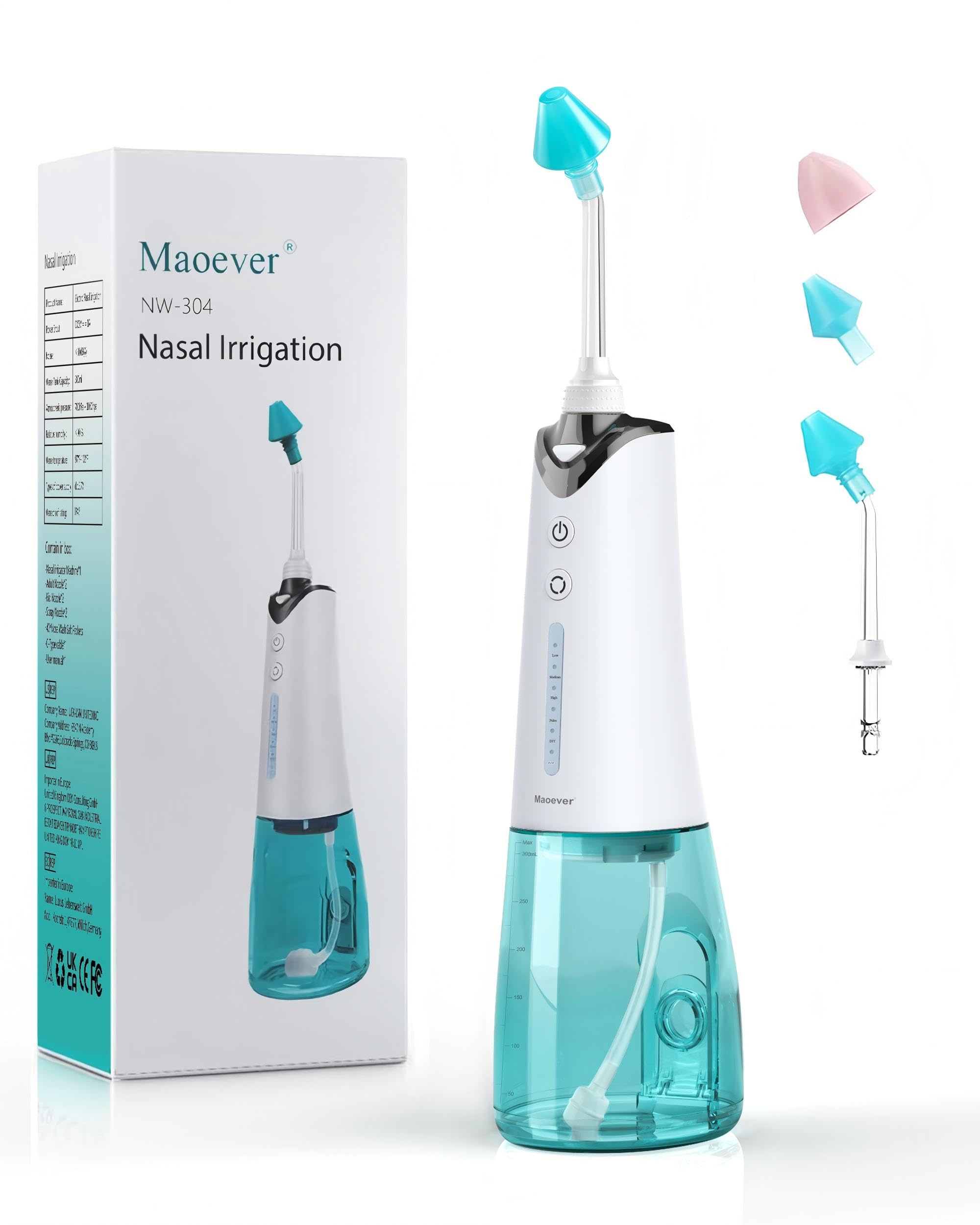 Maoever Sinus Rinse Kit - Perfect Nasal Irrigation Machine for Sinus & Allergy Relief - Suitable for Adults and Children - Cleanses Stuffy Nose - 3 Rinse Heads Included