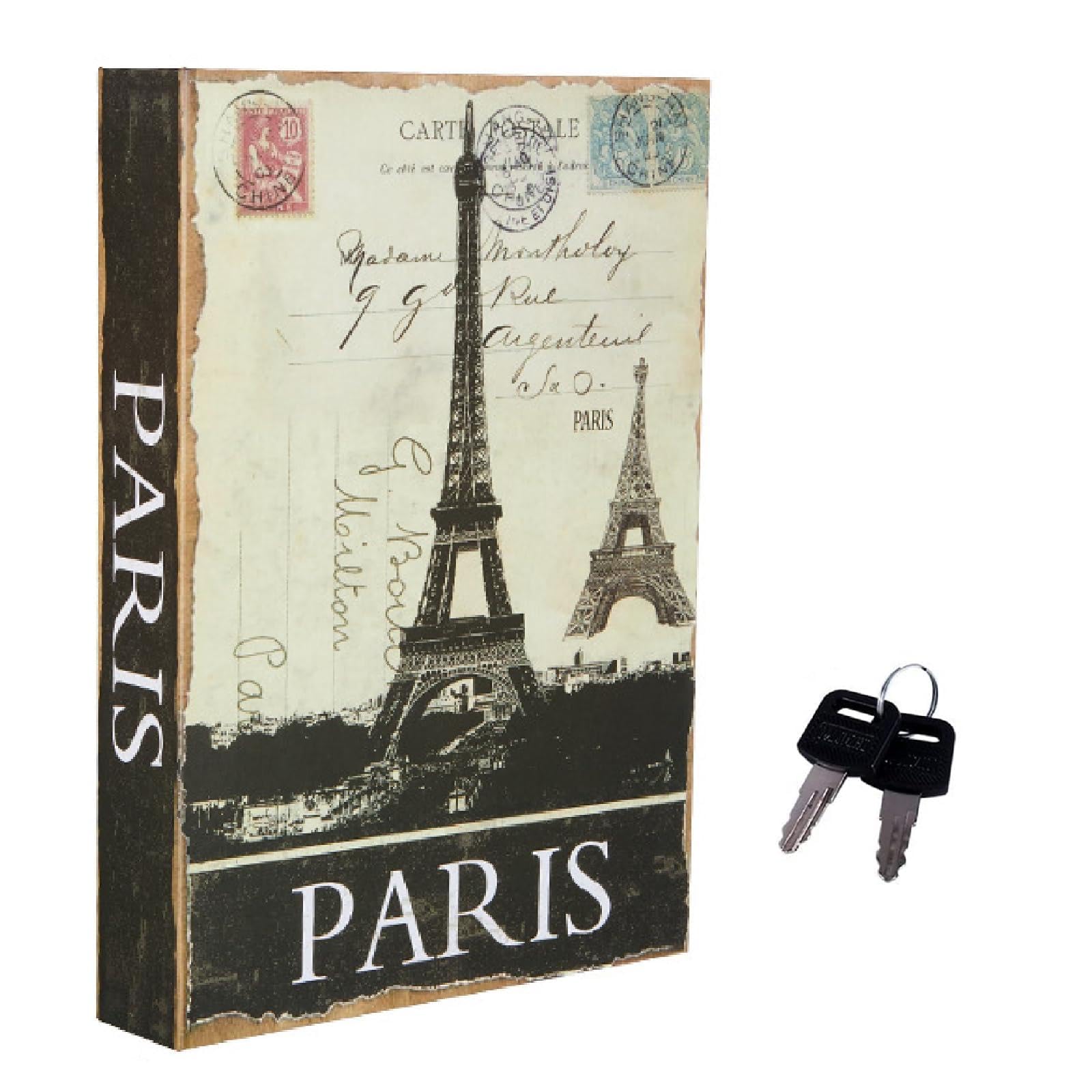 Real Paper Transfer Book Safe for Jewellery, and Hollow with Hidden Compartment, Key and Combination Lock (Eiffel Tower, Key Lock)
