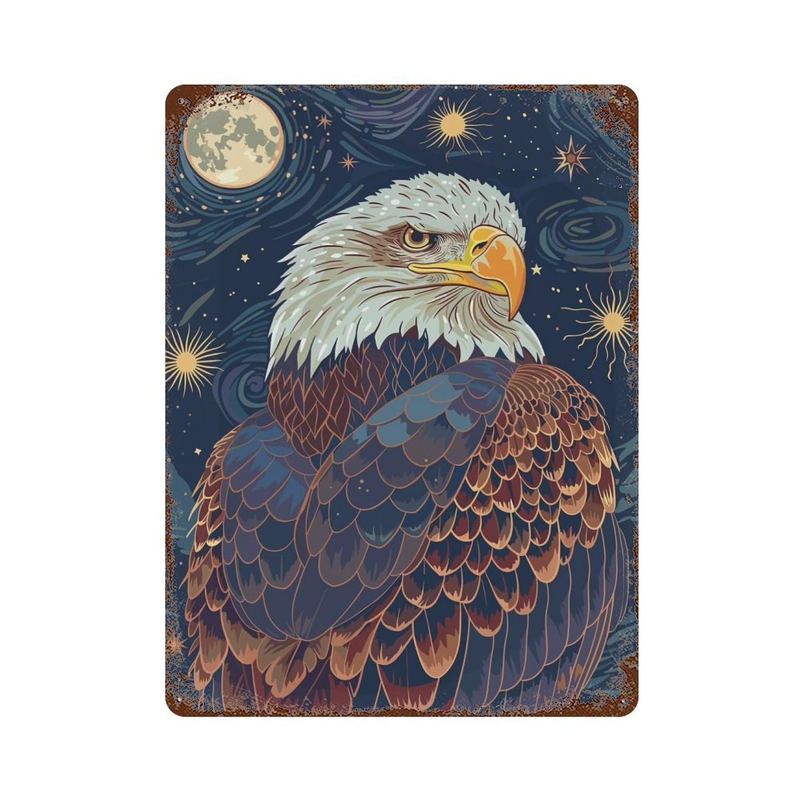 Eagle in Starry Night Sky Illustration 15.7"x11.8" Aged Metal Wall Plaque, Retro Wall Decor for Farmhouse, Kitchen And Entryway Decor