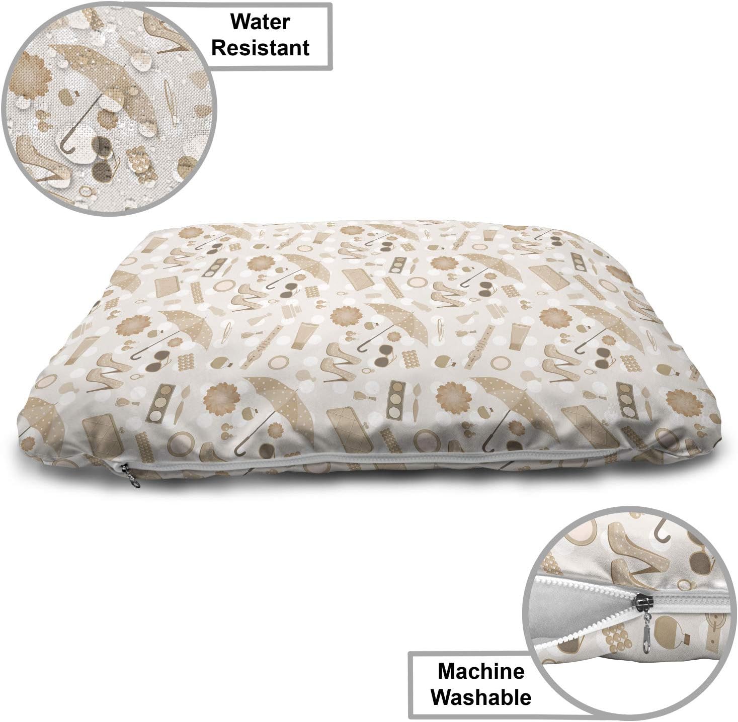 review Lunarable Beige Pet Bed, Vintage Styled Graphic with Polka Dot Umbrellas Heels Purses Artwork Print, Chew Resistant Pad for Dogs and Cats Cushion with Removable Cover, 24