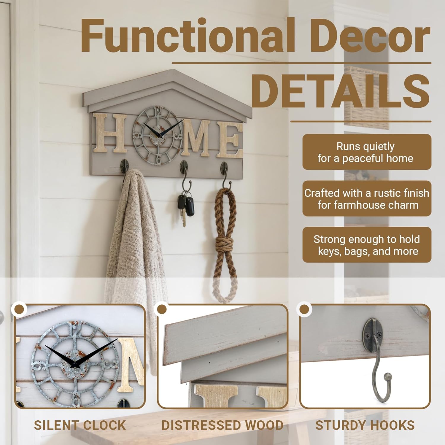 Farmhouse Battery Operated Wall Clock with Hooks Rustic Wooden Entryway Organizer with 3 Metal Hooks Key Hanger HOME letters Silent Quartz Clock Key Holder Wall Decor for Entryway Kitchen, Living Room