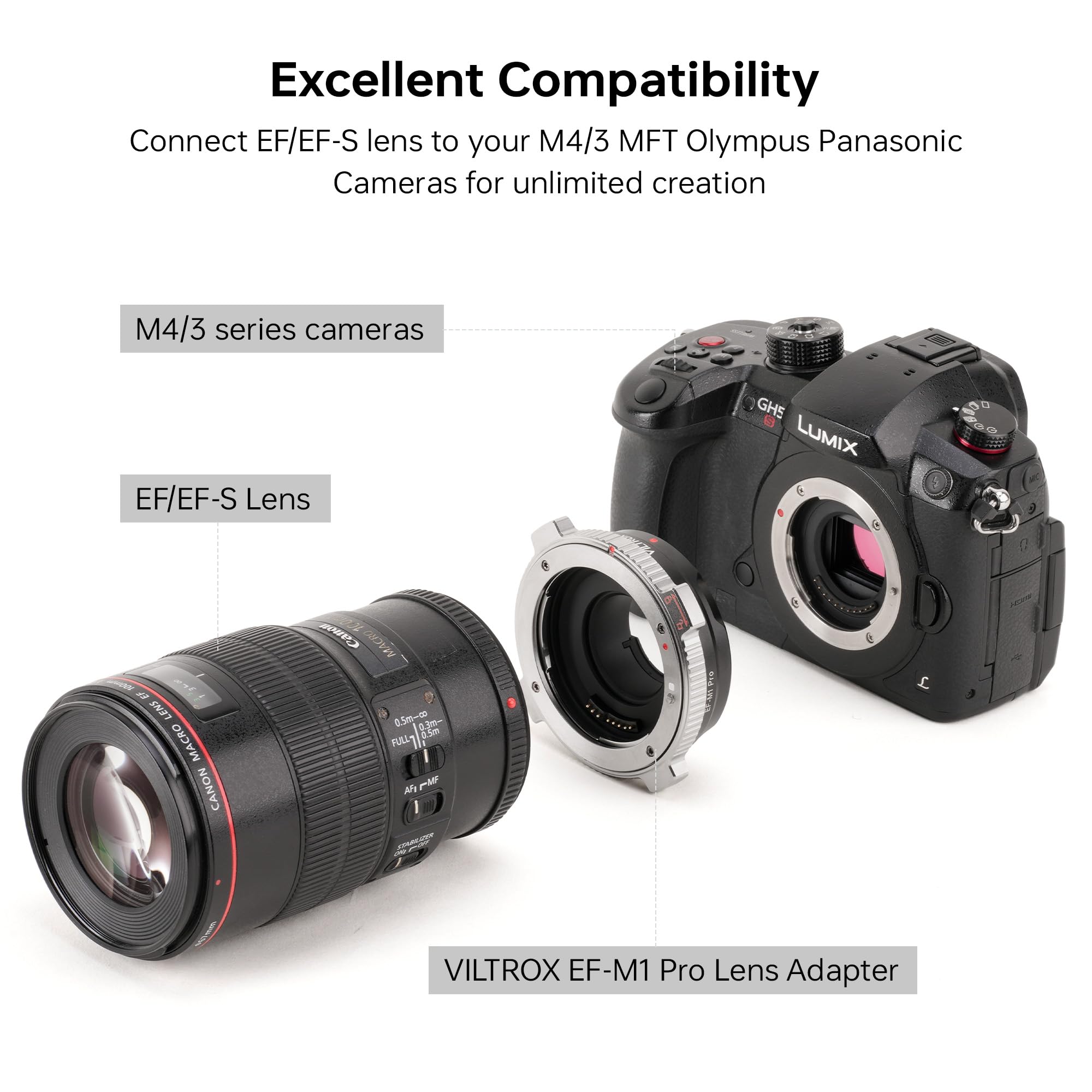 VILTROX EF-M1 Pro Convertitore di Lente per Fotocamere Canon EOS M4/3 MFT GH4 GH5 GF6 GX7 E-M5 E-PL5 - Dettaglio