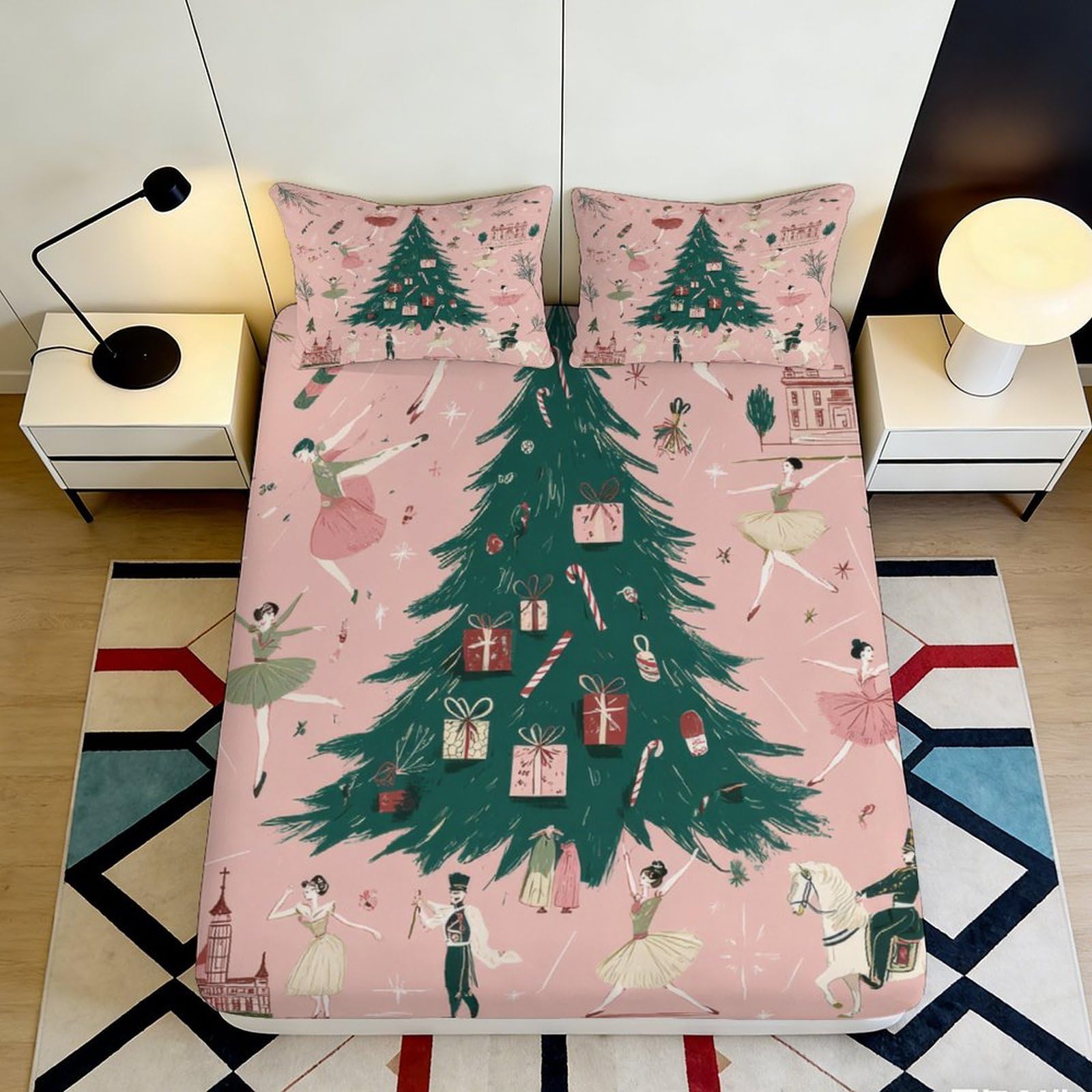 3D Printed Christmas Tree Fitted Sheet Microfiber Pink Festive Bed Cover Anti-Slip Machine Washable for Bedroom Decor 90x200x25cm