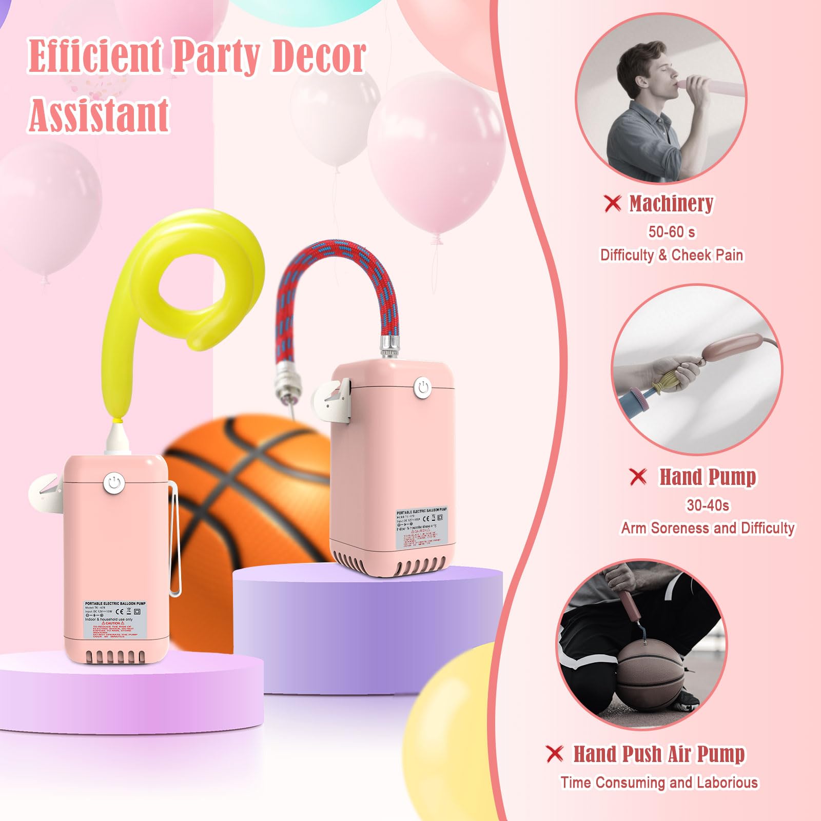 PlusFive Pompa elettrica per palloncini da modellare, pompa per palloncini portatile, con pompa a palloncino, per palloncini lunghi 260 Q, decorazione (rosa)