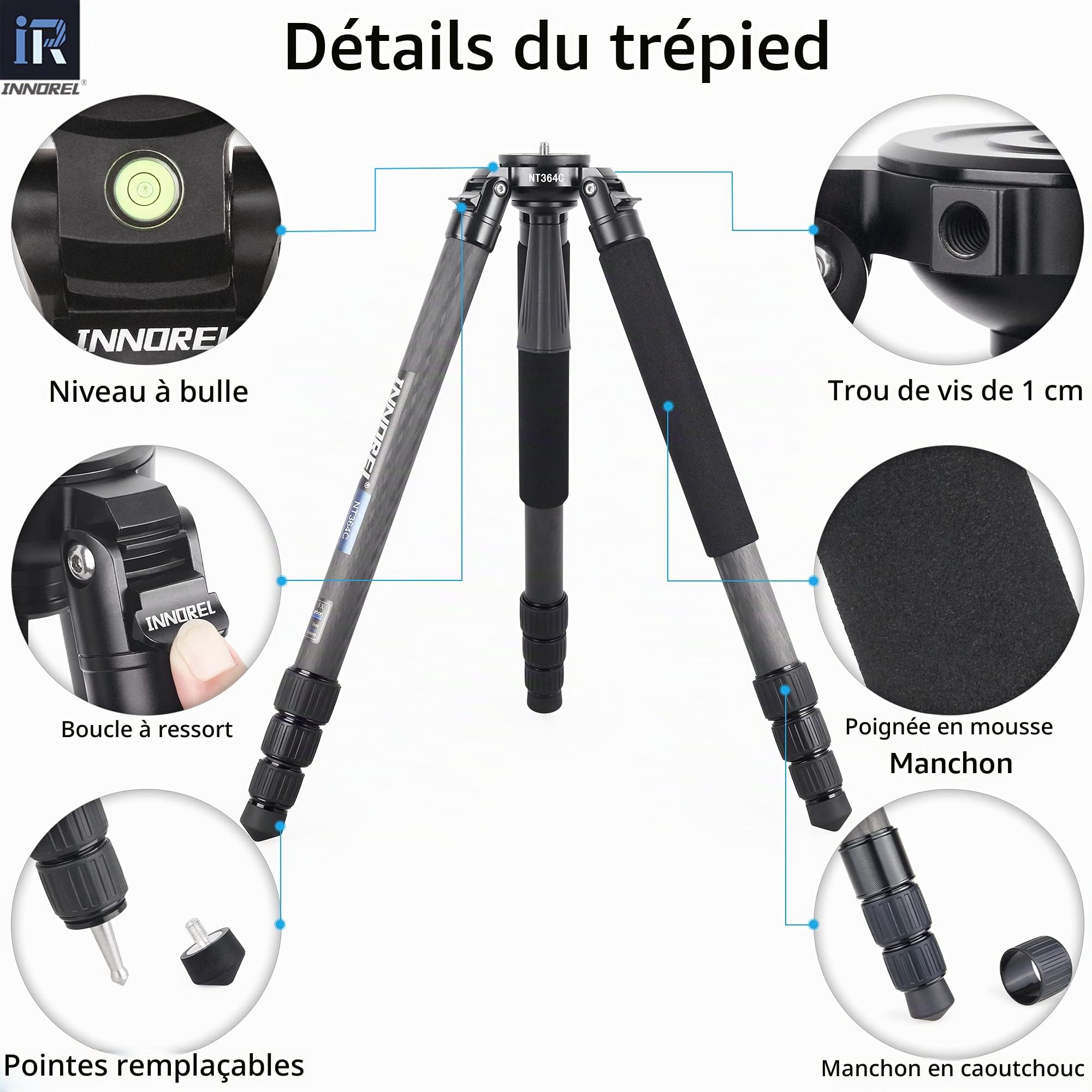 INNOREL NT364C Bol Trépied Fibre de Carbone 160cm/63pouces,Verrouillage Tournant Trépied Professionnel pour Appareil Photo Robuste Ultra Stable Tube Max 36mm Charge Max 25kg avec Adaptateur 75mm/Sac