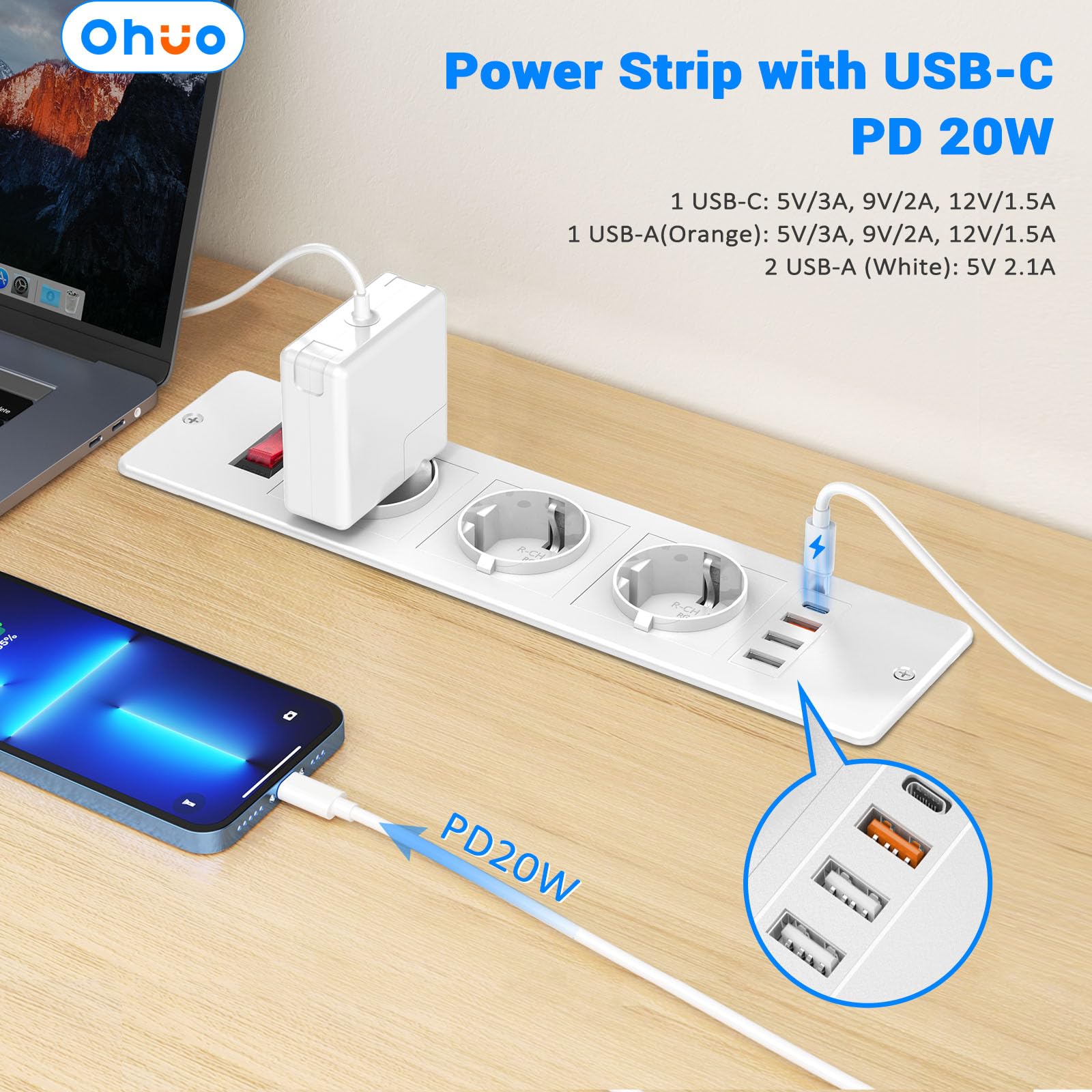 Tafelstopcontact Met USB C, PD 20 W, Inbouwstopcontact, 3 Voudige Inbouwstekkerstrip Bureau Meervoudig Stopcontact Schakelaar 2 M Kabel Voor Thuis Kantoor Wit 1357578066