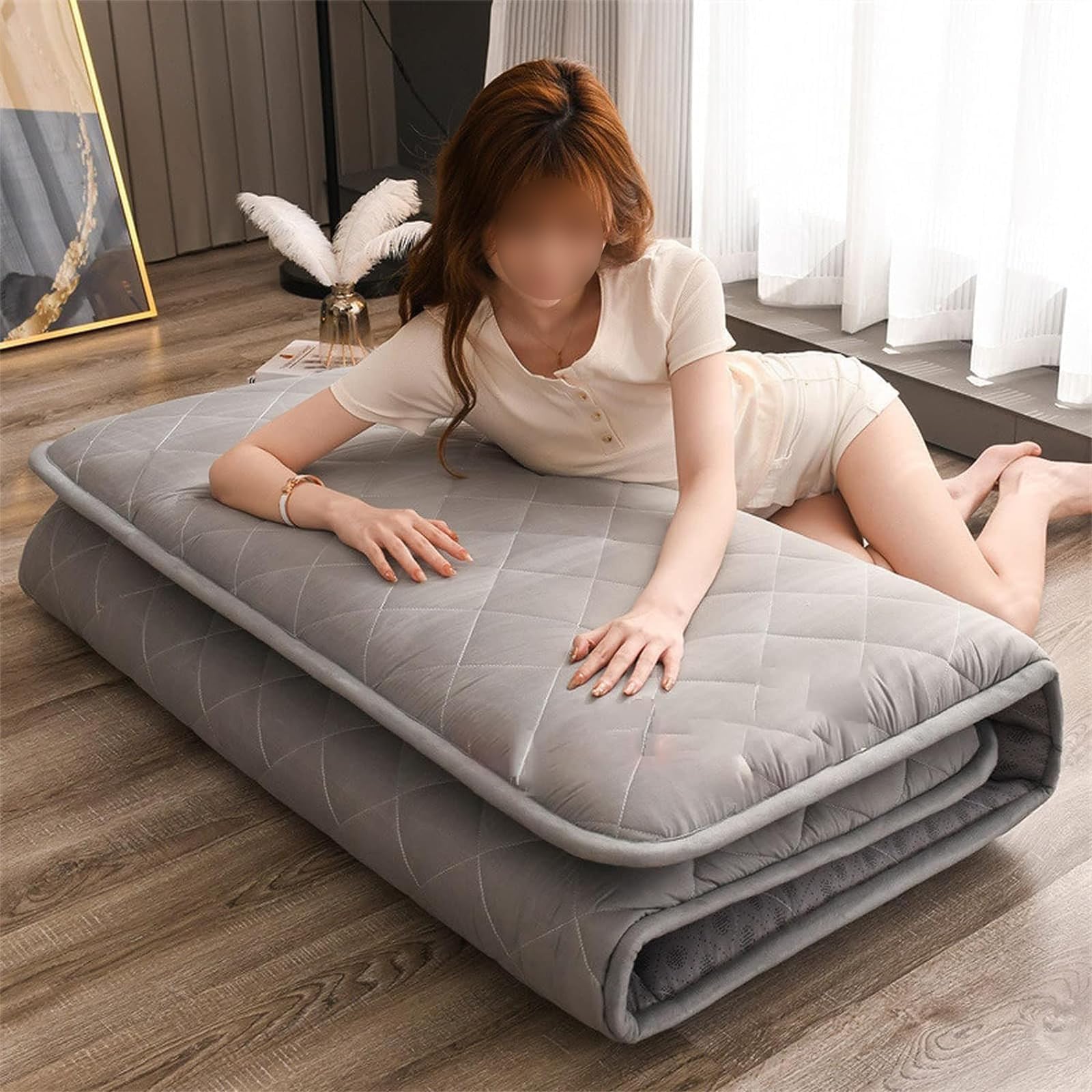 Materasso Futon Giapponese Arrotolabile 10 Cm - Tatami Antiscivolo Traspirante Per Pavimento - Foto 6