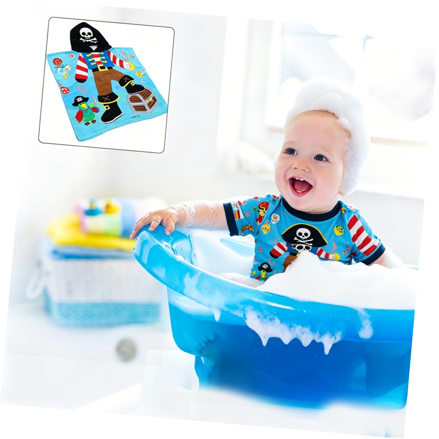 Badetuch Niedlichem Piratenkapitän Motiv mit Saugfähiges Atmungsaktives sommerlicher Sommerstimmung Baumwoll Bademantel mit Kapuze und Schnell Trocknend und Waschbar für Kinder