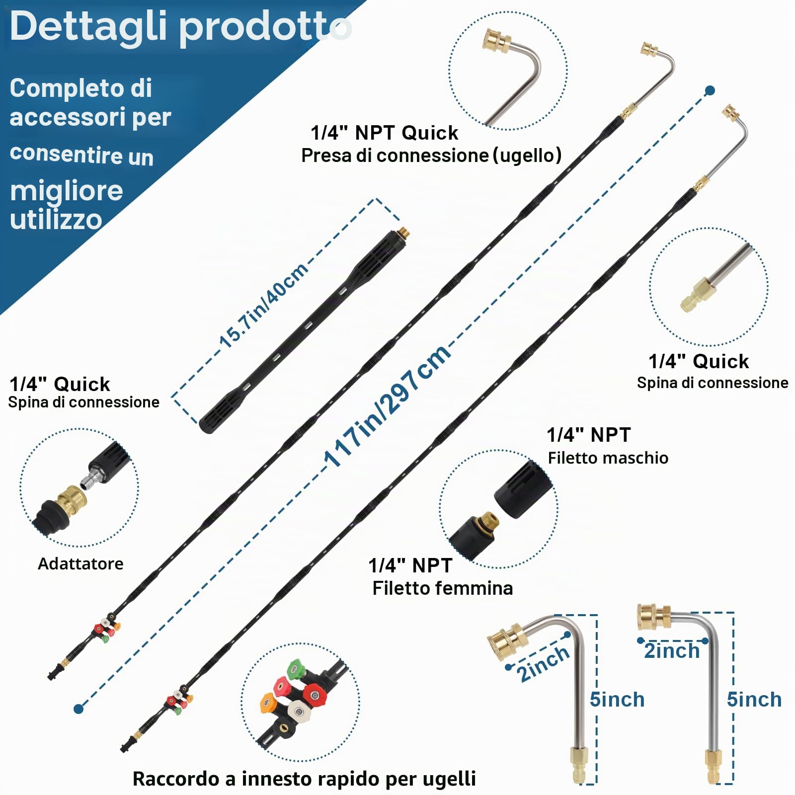 Prolunga per idropulitrice Karcher compatibile con serie K2-7, 10 pezzi per grondaie, accessori 6 punte Gekufa